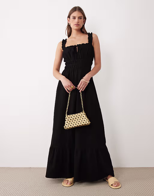 Miss Selfridge seersucker shirred detail maxi dress in black