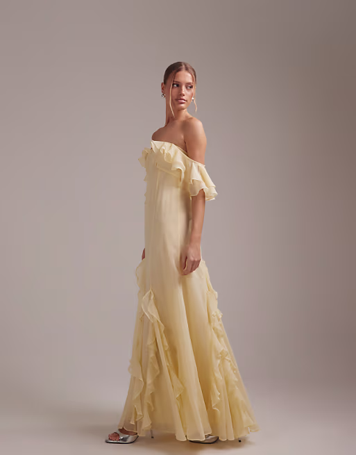 bridesmaids bardot ruffle chiffon maxi dress in yellow