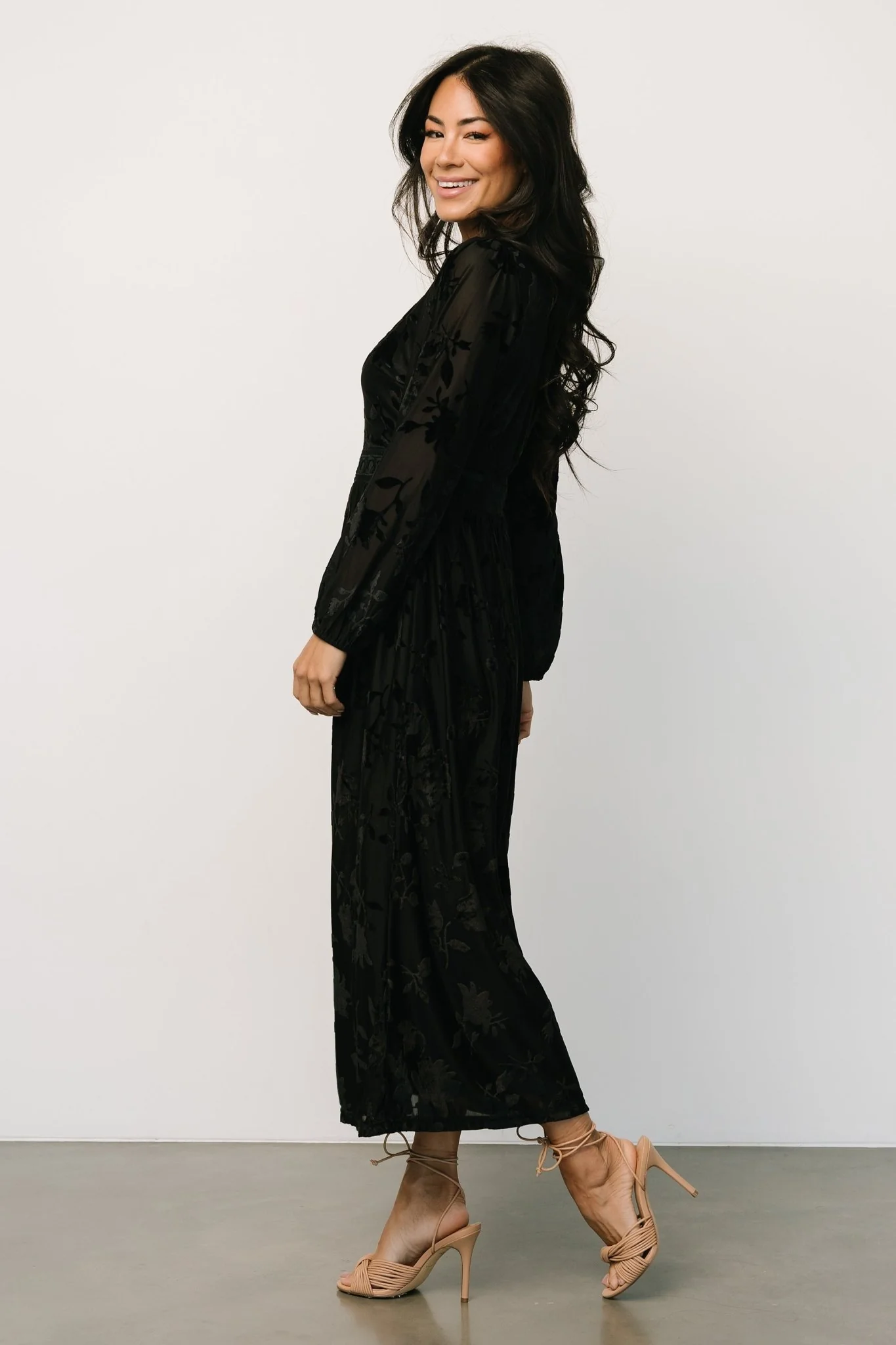 Christine Velvet Embossed Midi Dress | Black