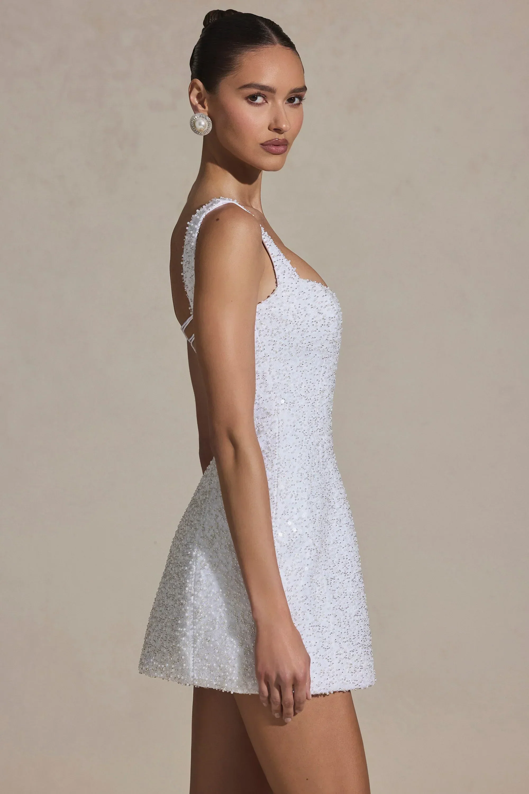 Embellished Structured A-Line Mini Dress in White - luluinthesky