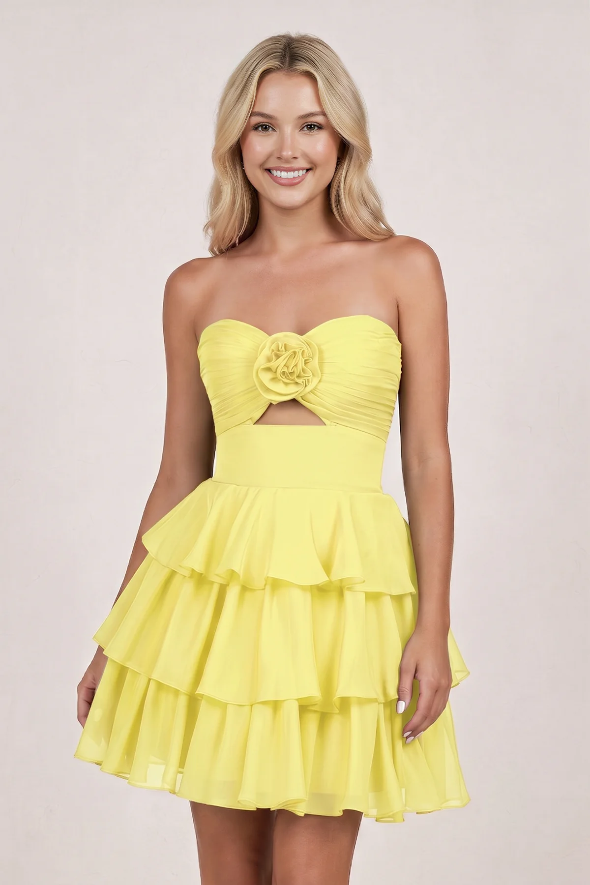 Fuchsia Strapless A Line Chiffon Ruffles Homecoming Dresses With Flower
