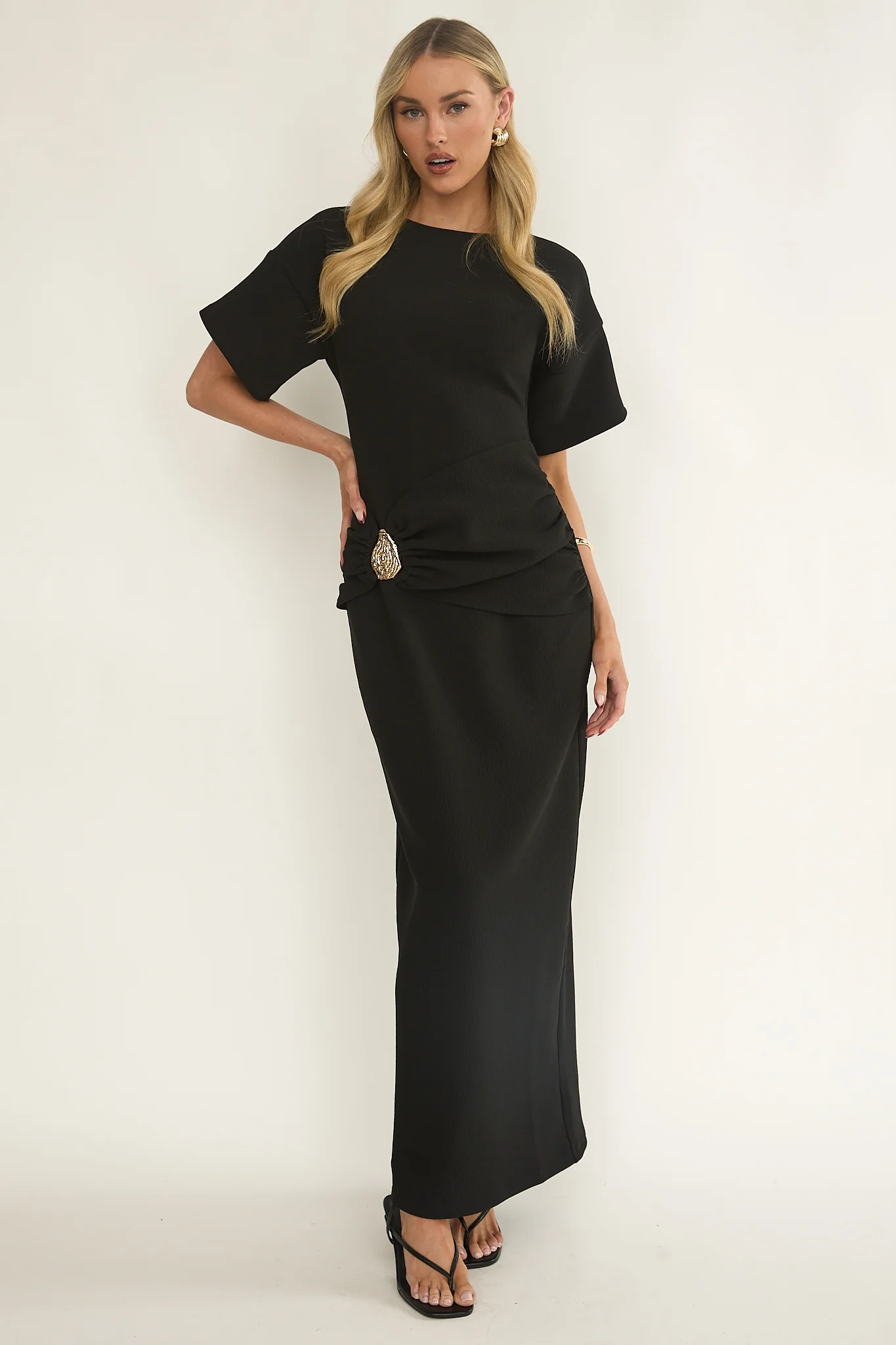 Briona Short Sleeve Buckle Maxi Dress Black