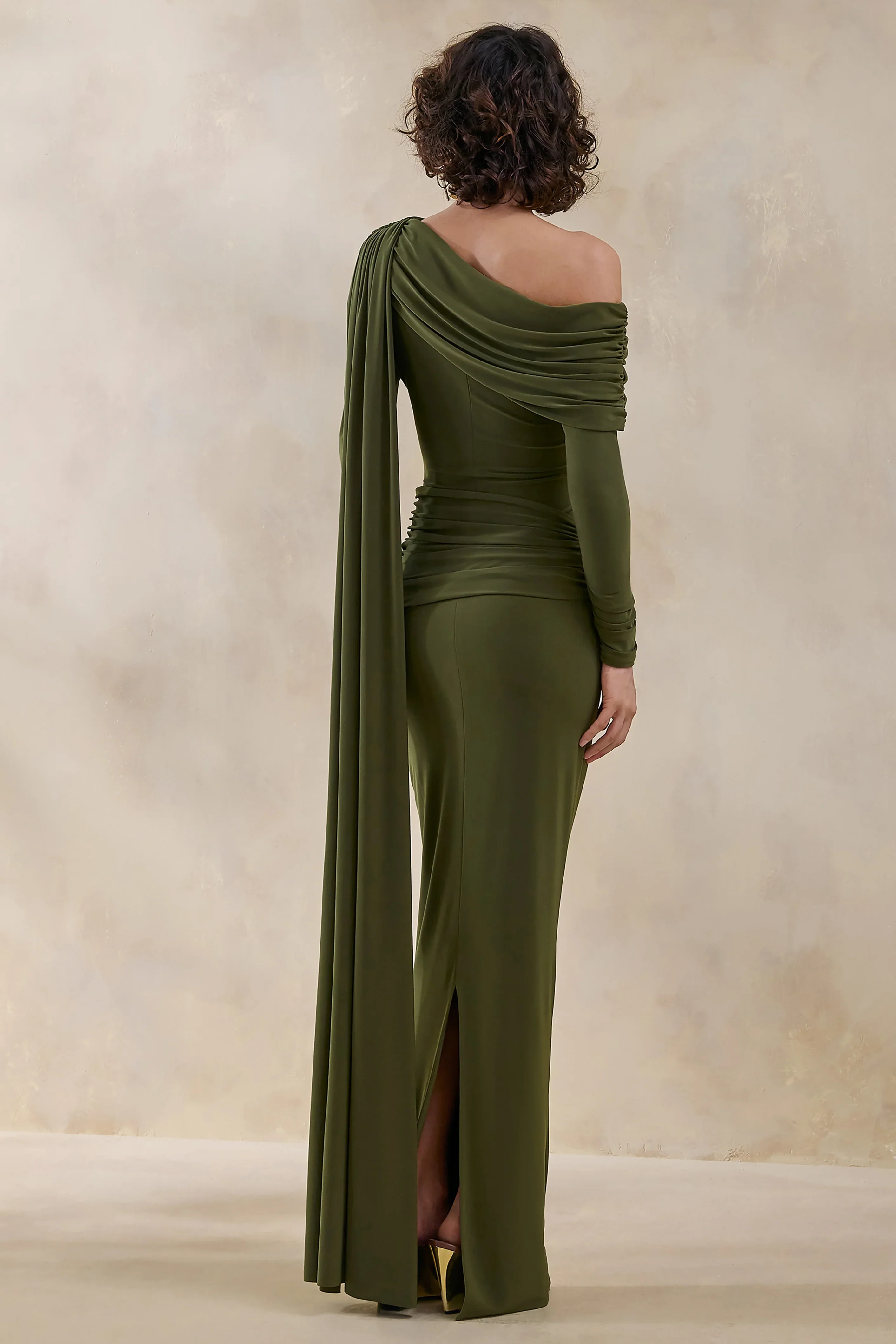 Bessy | Green Asymmetric-Neck Maxi Dress With Gathered-Detailing And Sash