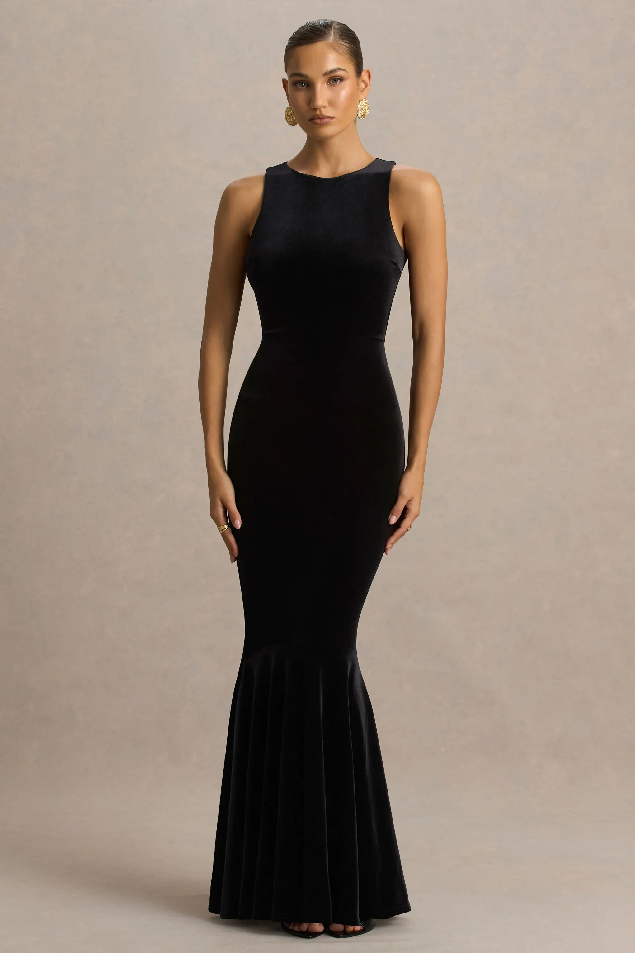Pippa | Black Velvet Crew-Neck Mermaid Maxi Dress