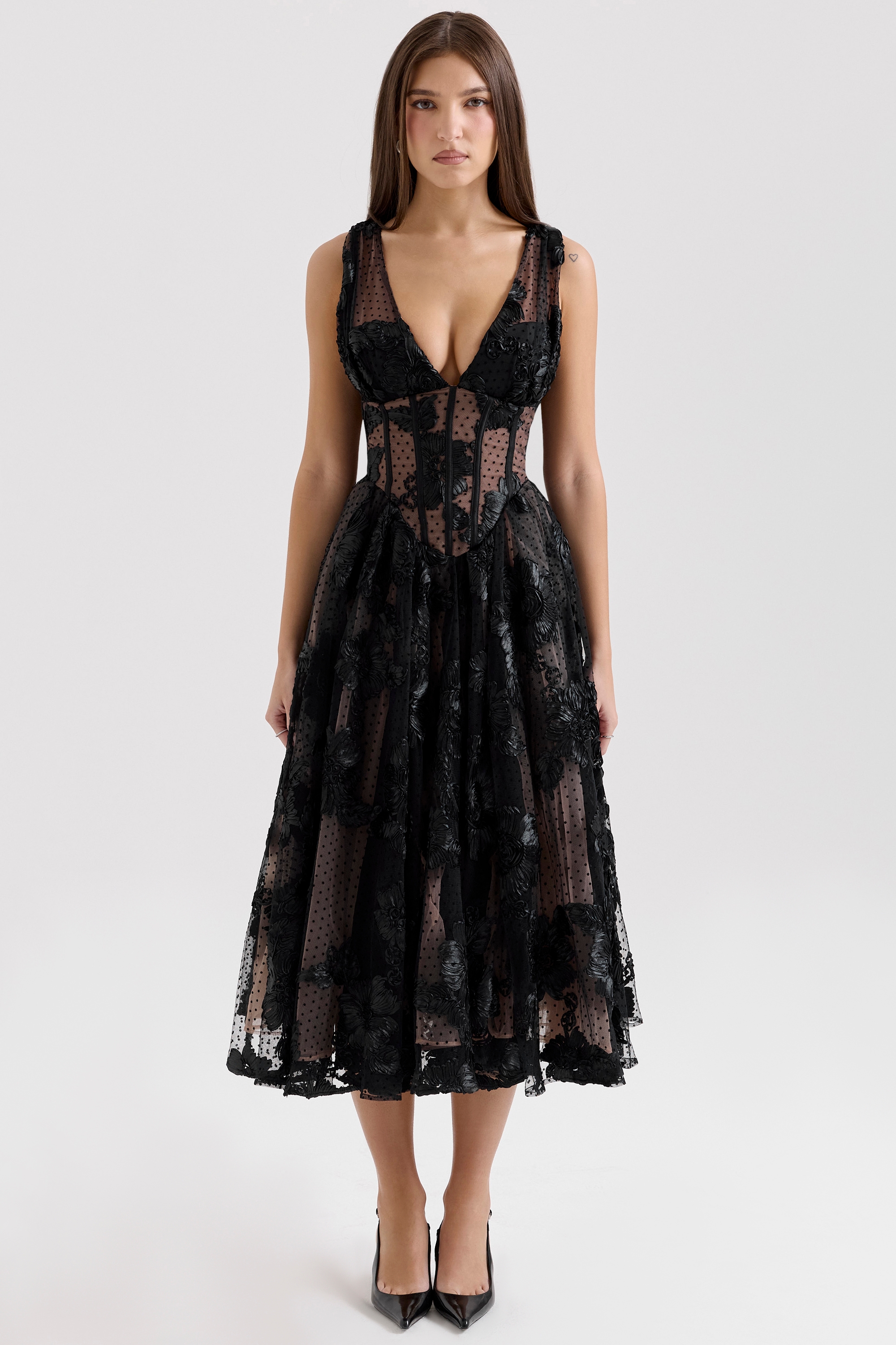 black embroidered tulle corset midi dress