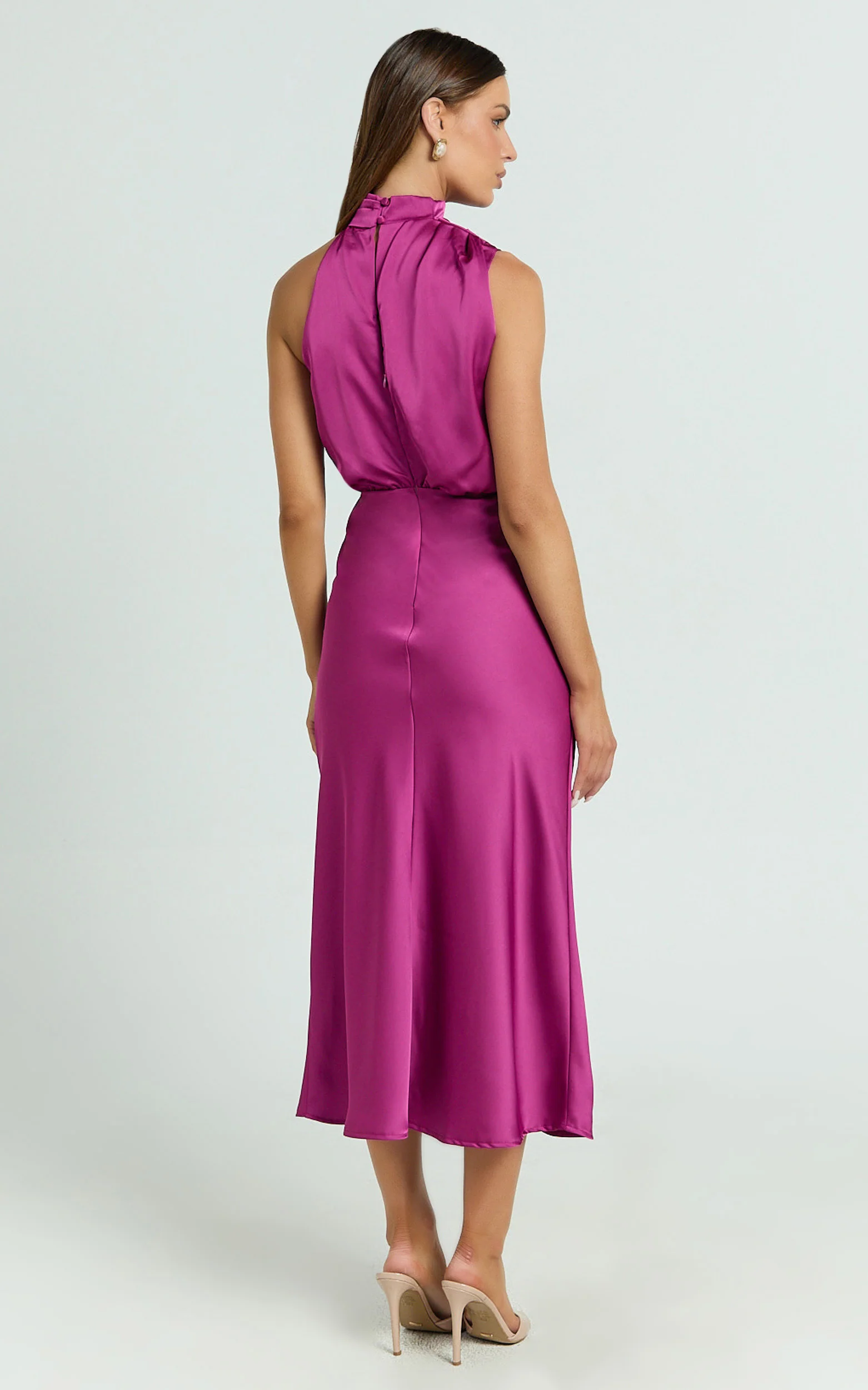 Minnie Midi Dress - Drape Neck Satin Slip Dress in Purple