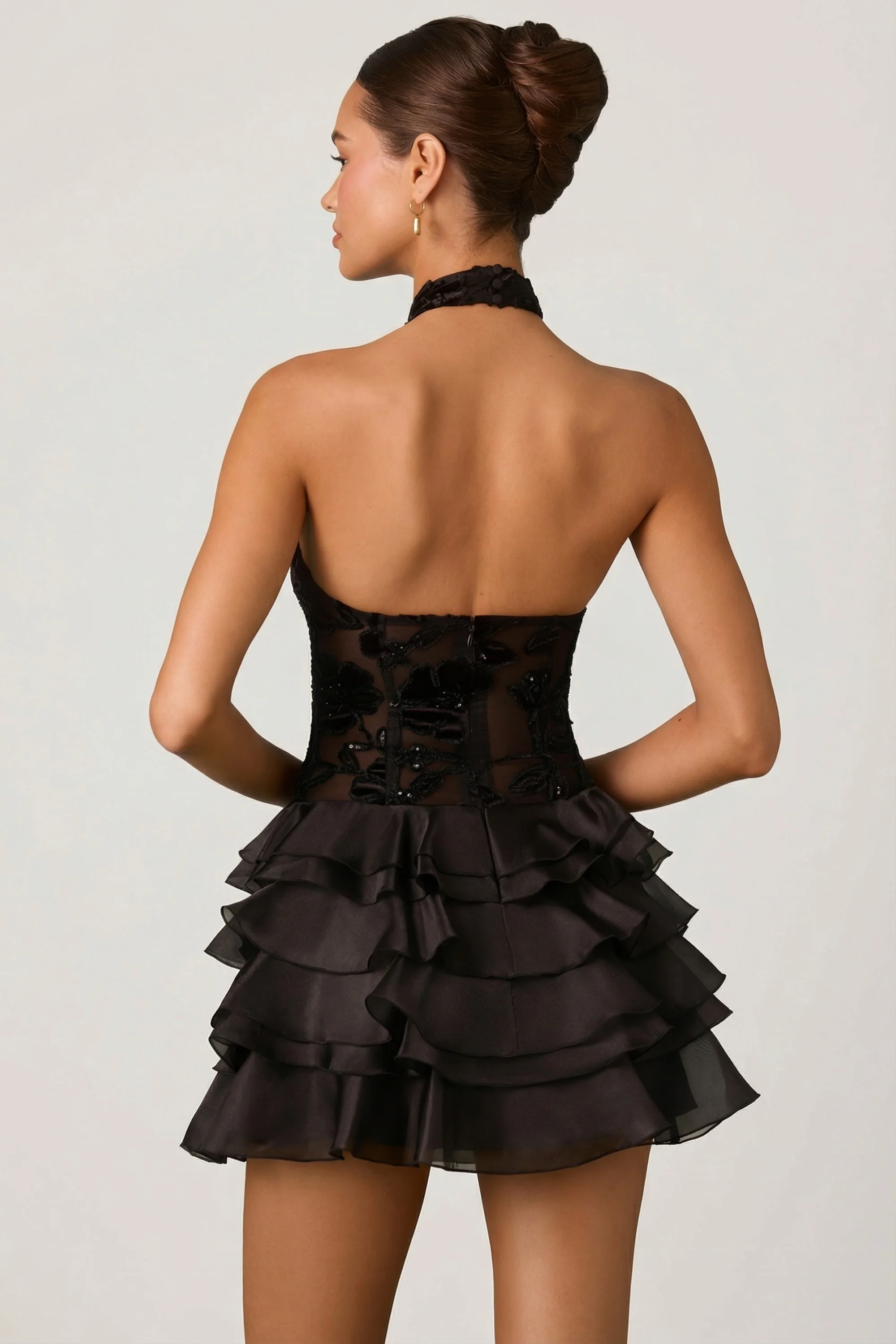 Embellished Ruffled Halterneck Mini Dress in Black