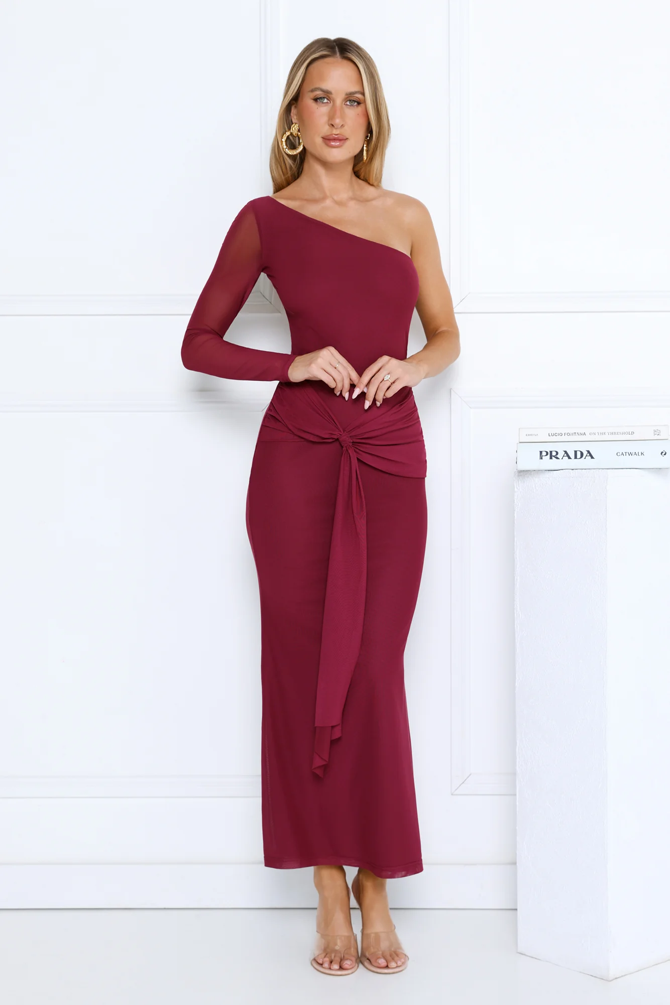 Dressed In Love One Shoulder Mesh Maxi Dress Plum