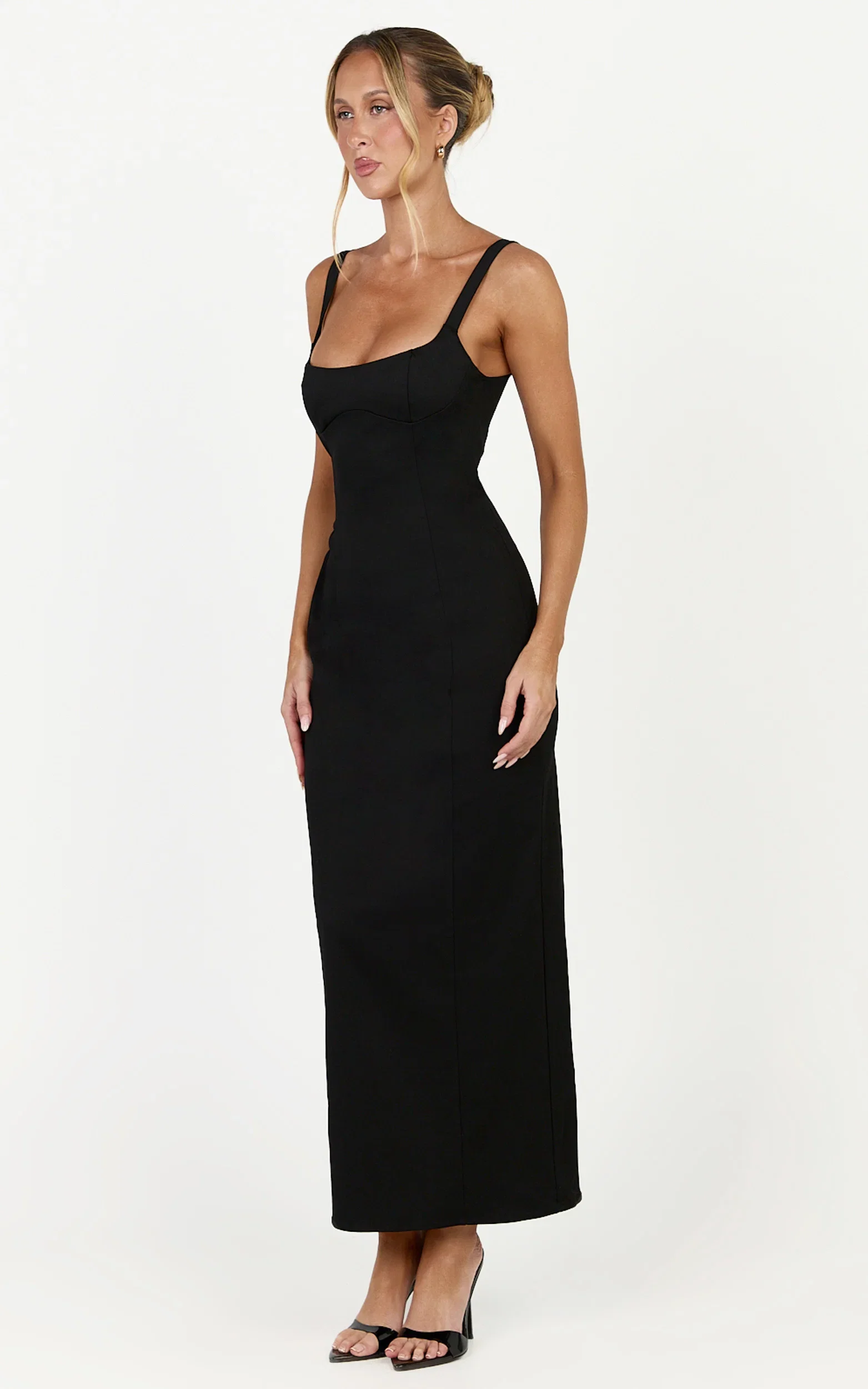 Celestine Midi Dress - Adjustable Strap Structured Dress in Black