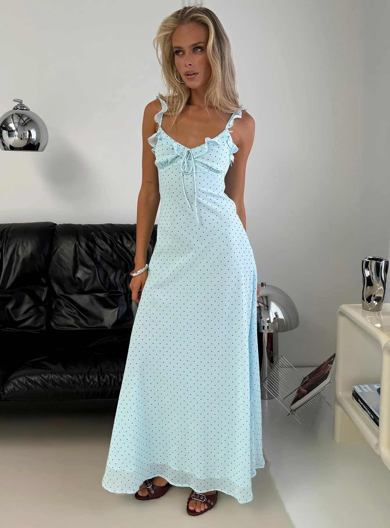 Aryelle Chiffon Frill Maxi Dress Blue Polka Dot