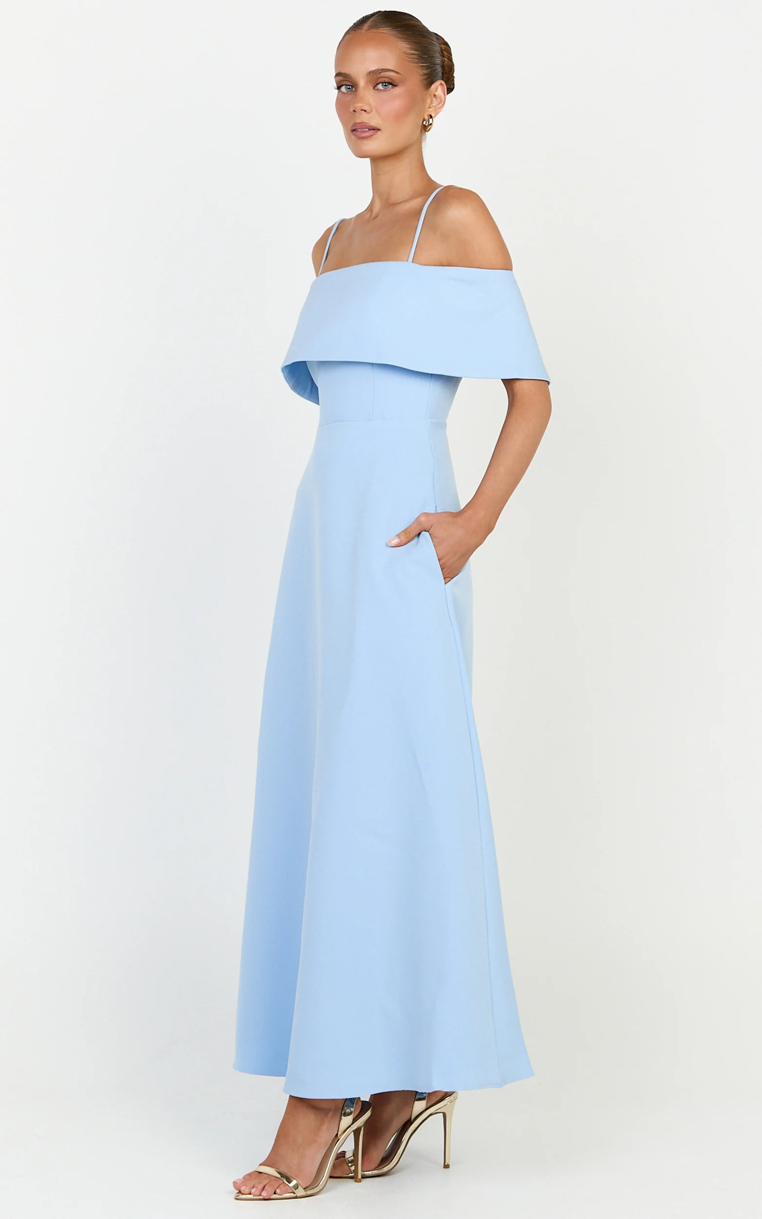 Aviana Midi Dress - Bodice Overlay A Line Dress in Blue