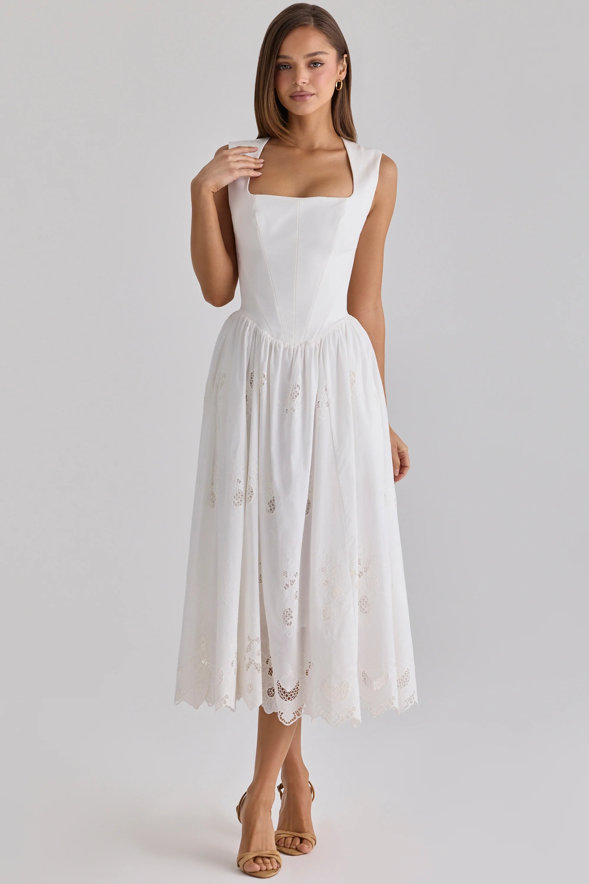 White Floral Broderie Anglaise Cotton Midi Dress