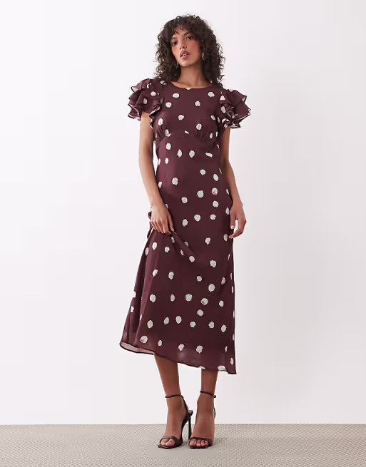 Nobody's Child Lola v neck back detail flutter sleeve midi dress in brown polka dot print