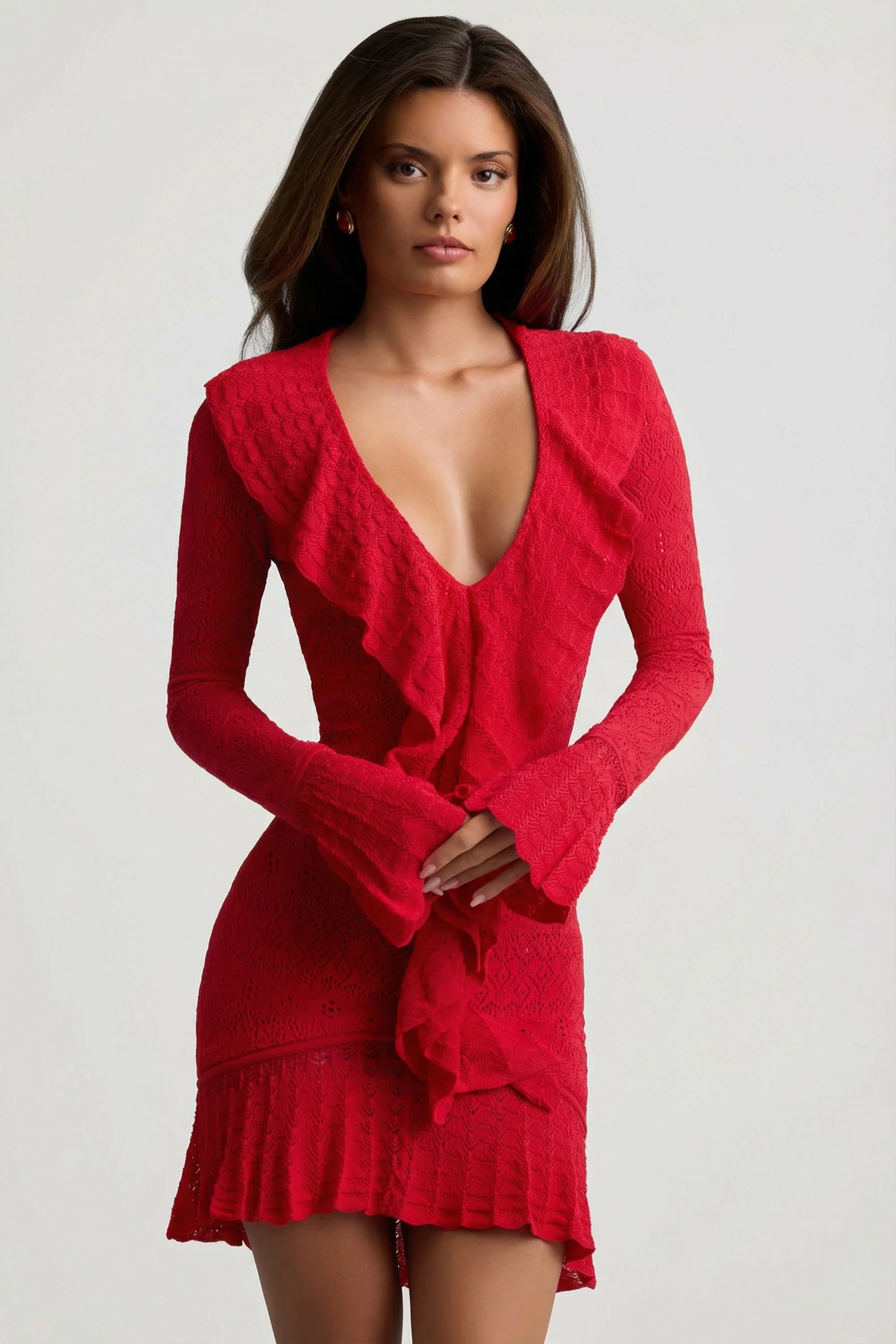 Ruffle-Trim Pointelle-Knit Mini Dress in Scarlet Red