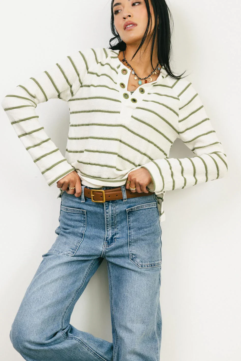 Franny Striped Grommet Top in Olive