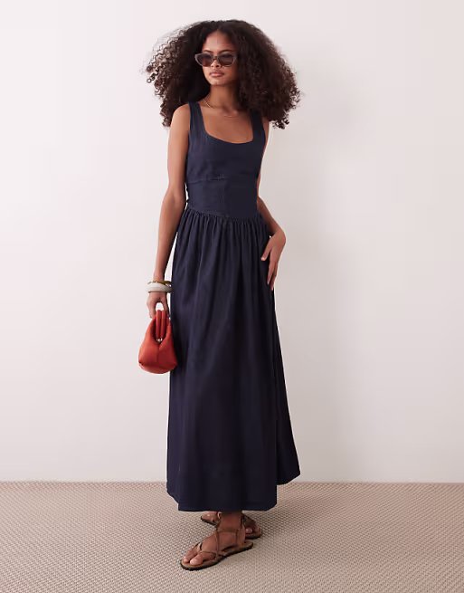 denim ballerina midi dress in rinse