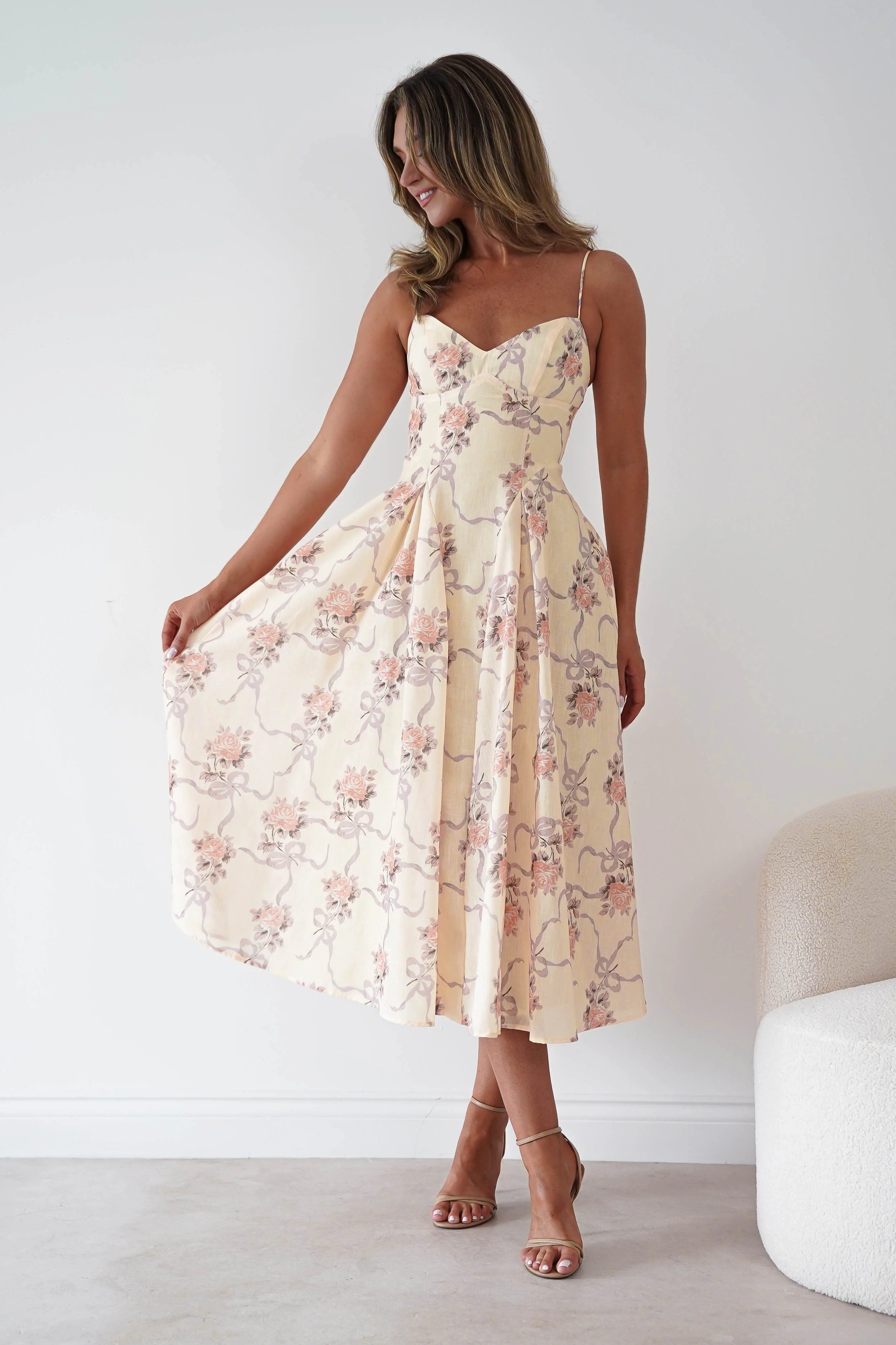 Tess Floral Print Skater Midaxi Dress | Yellow