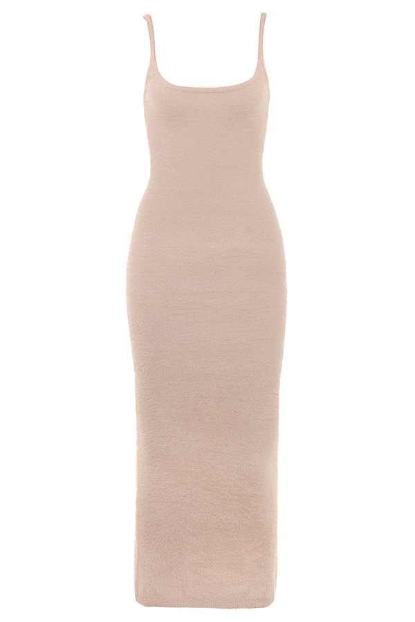 Beige Soft Fluffy Knit Maxi Dress