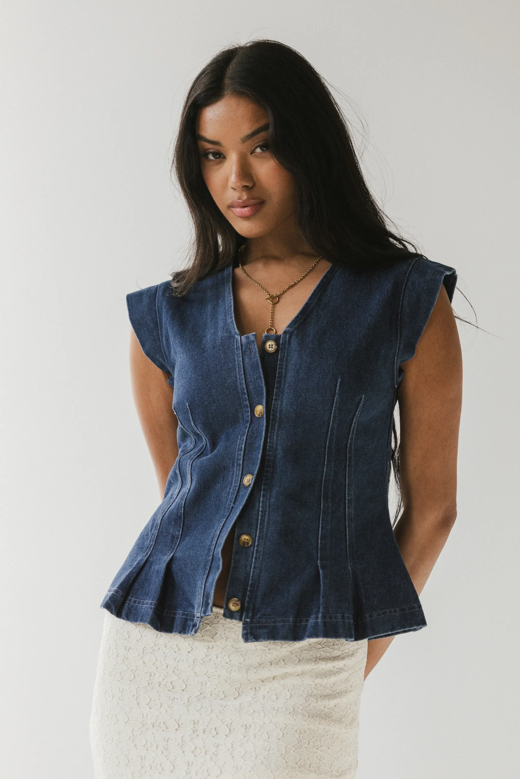 Cassie Pleated Blouse in Medium Wash