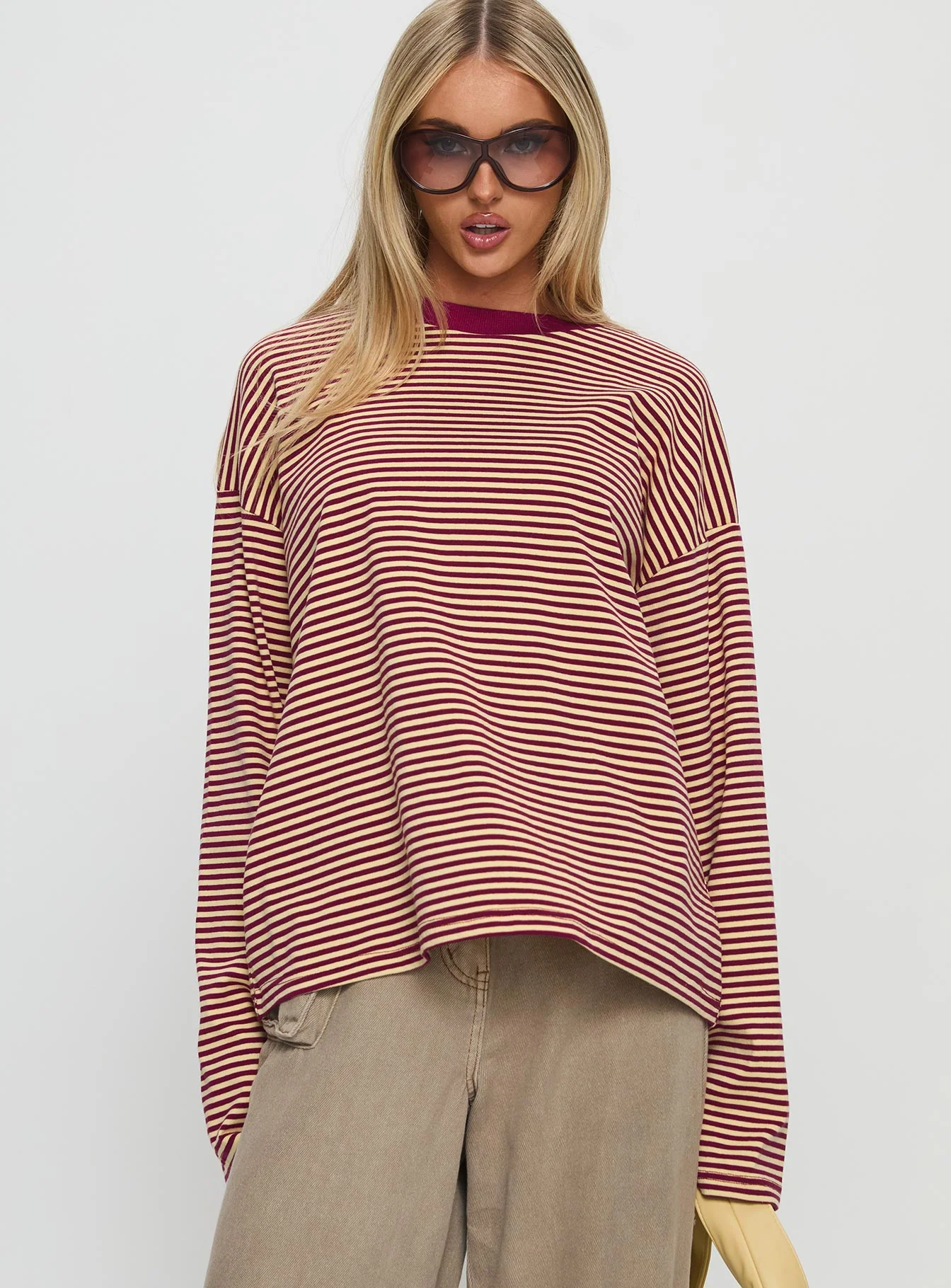 Settle Down Long Sleeve Top Lemon / Burgundy Stripe