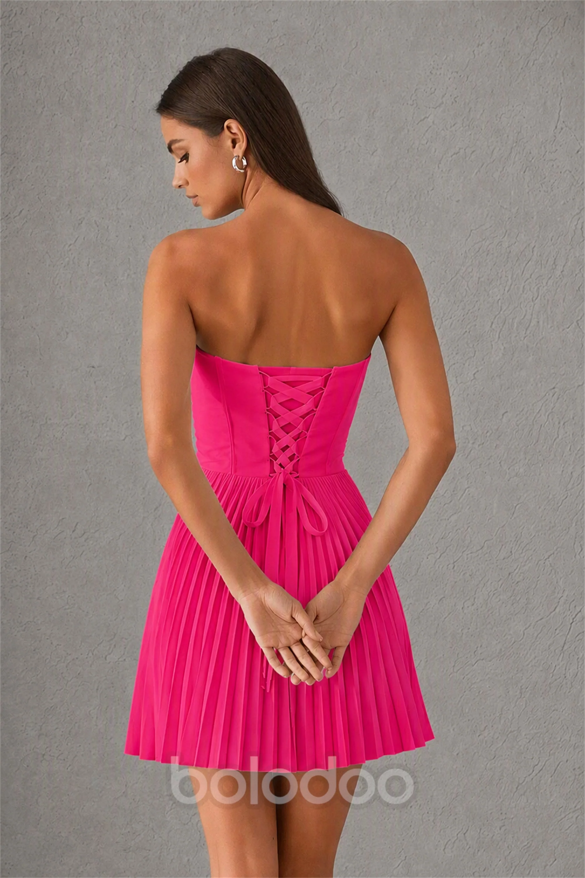 BOLODOO Hot Pink Strapless Sweetheart Pleated Corset Mini Dress with Lace-Up Back