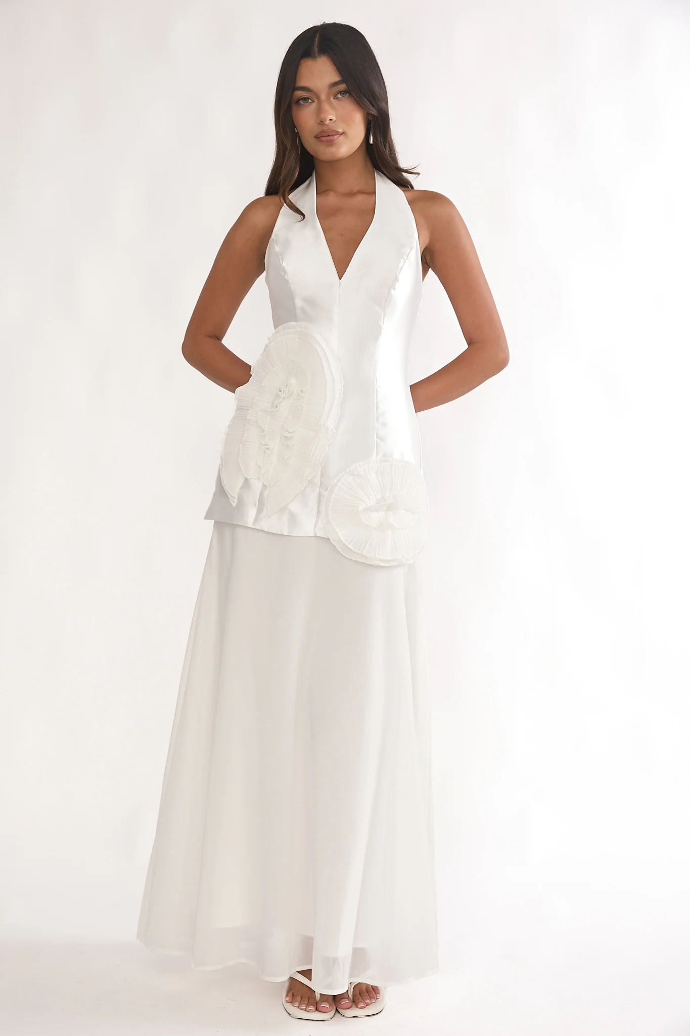 Elyria 3D Ruffle Halter Maxi Dress White