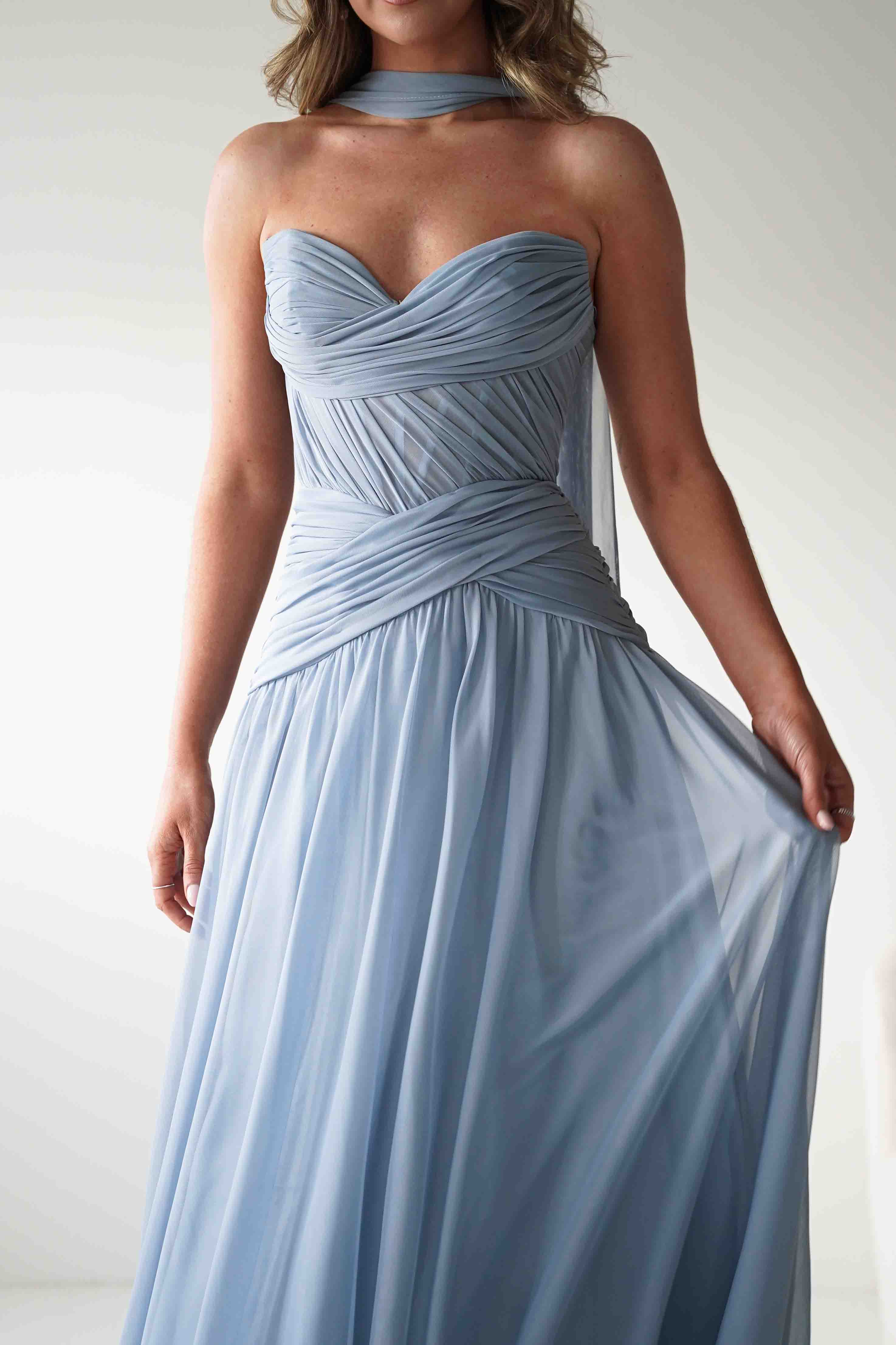 Nicolette Strapless Chiffon Maxi Gown | Dusty Blue
