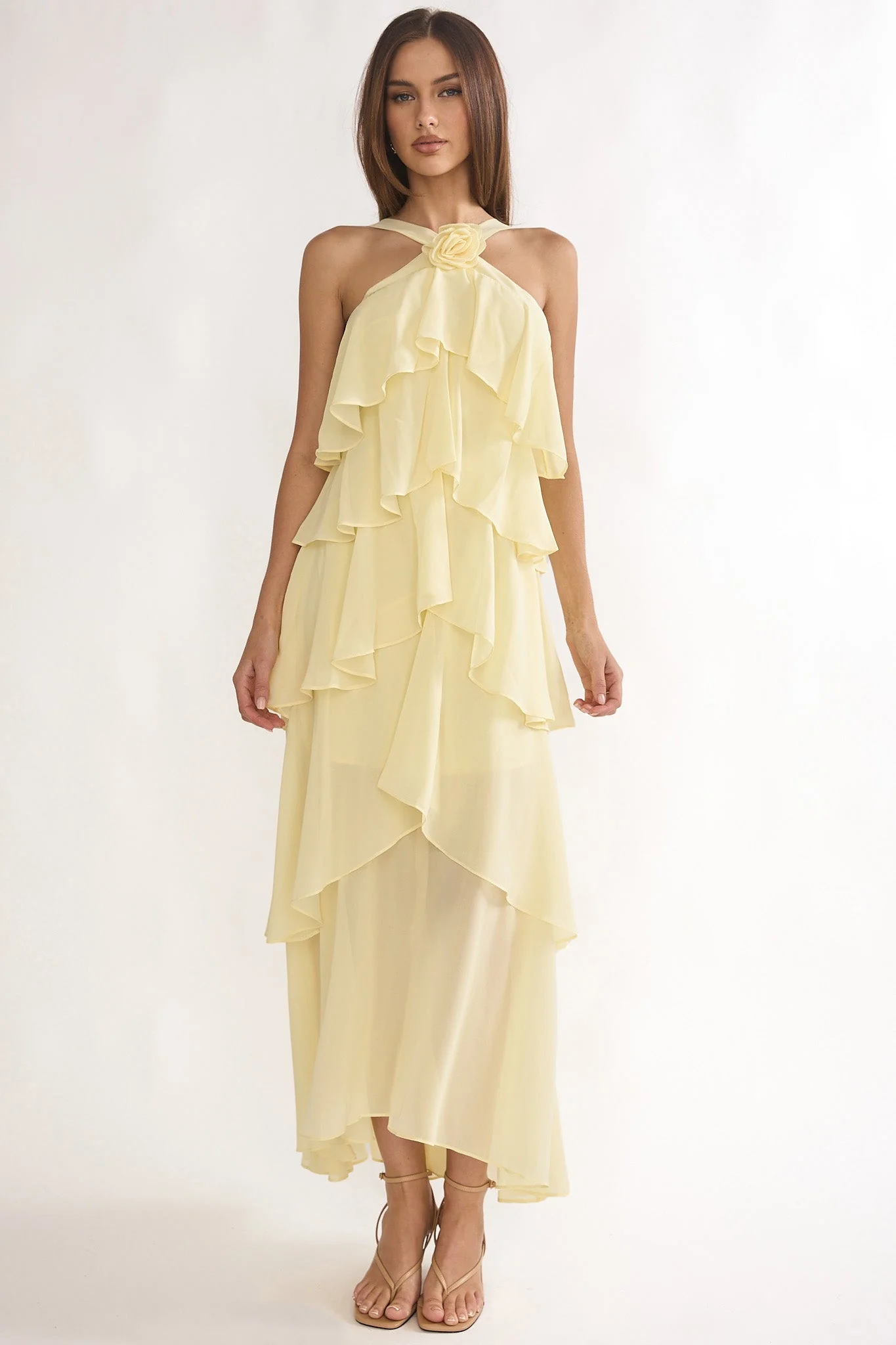 Darylyn Tiered Ruffle Rosette Maxi Dress Yellow