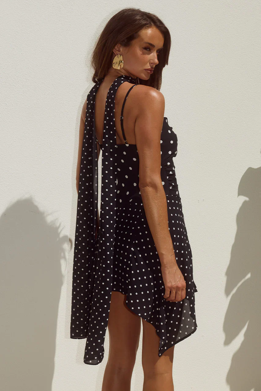 ALORA SCOOP NECK MINI DRESS - BLACK/WHITE POLKA