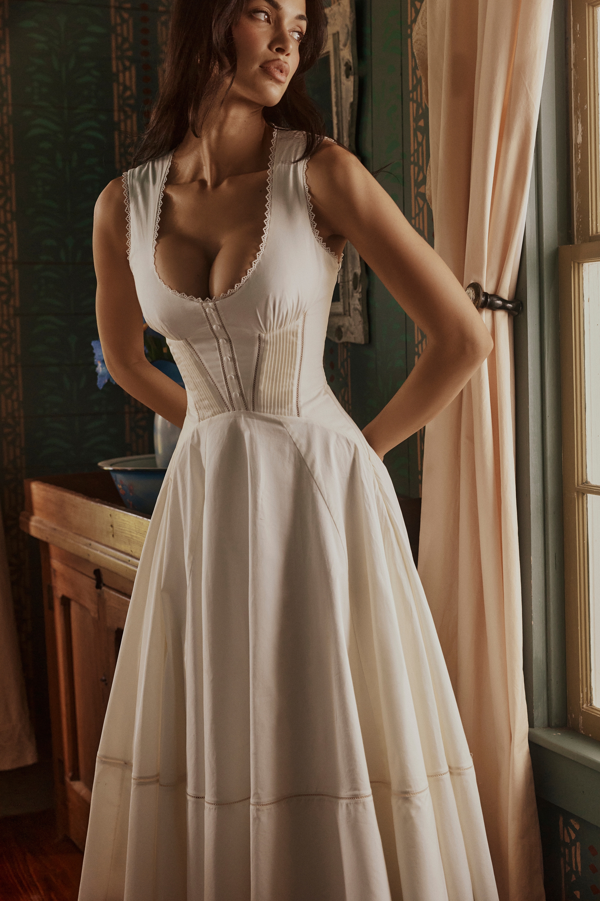 White Cotton Waist Cinch Midi Sundress