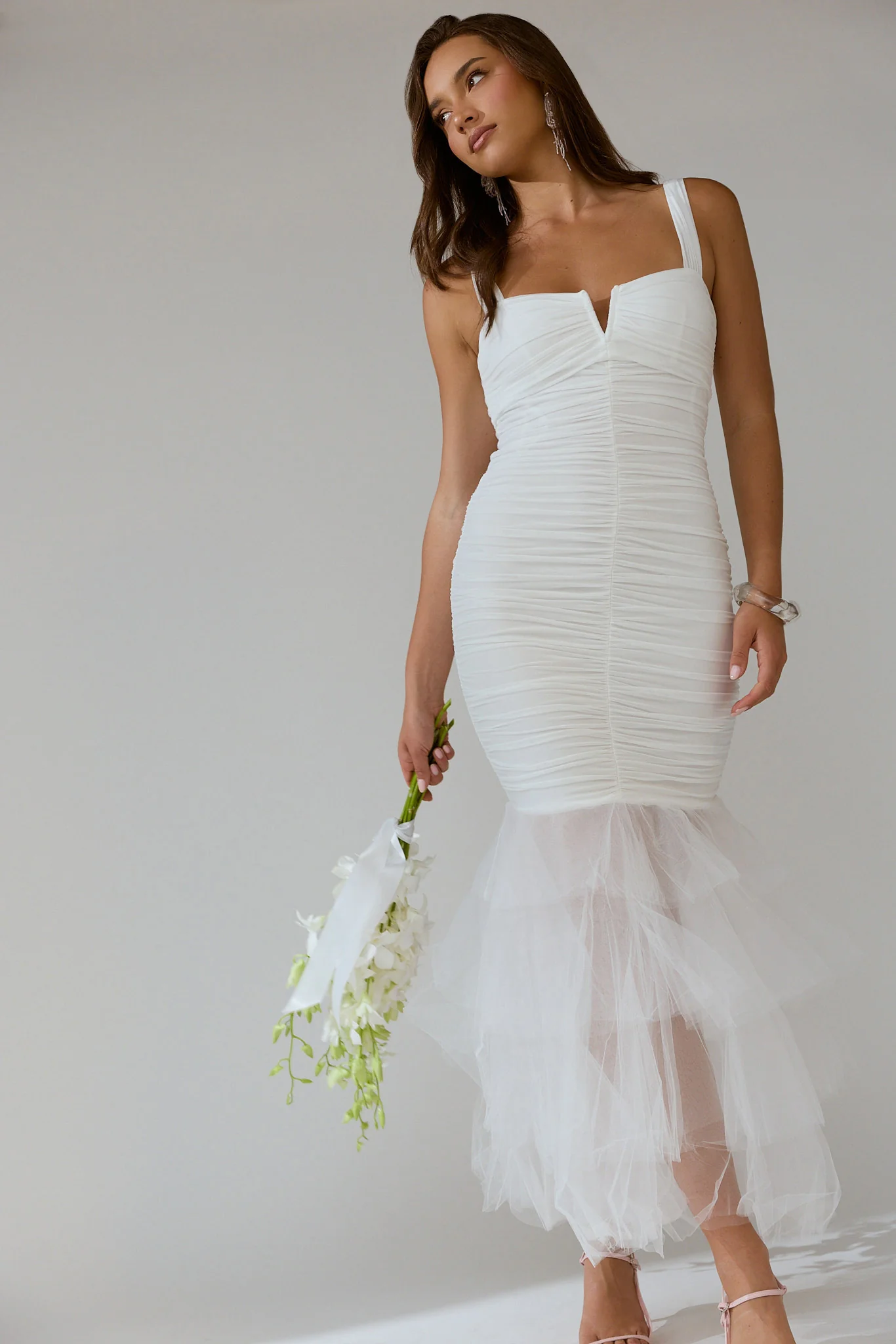 Nadia Tulle Hem Ruched Maxi Dress White