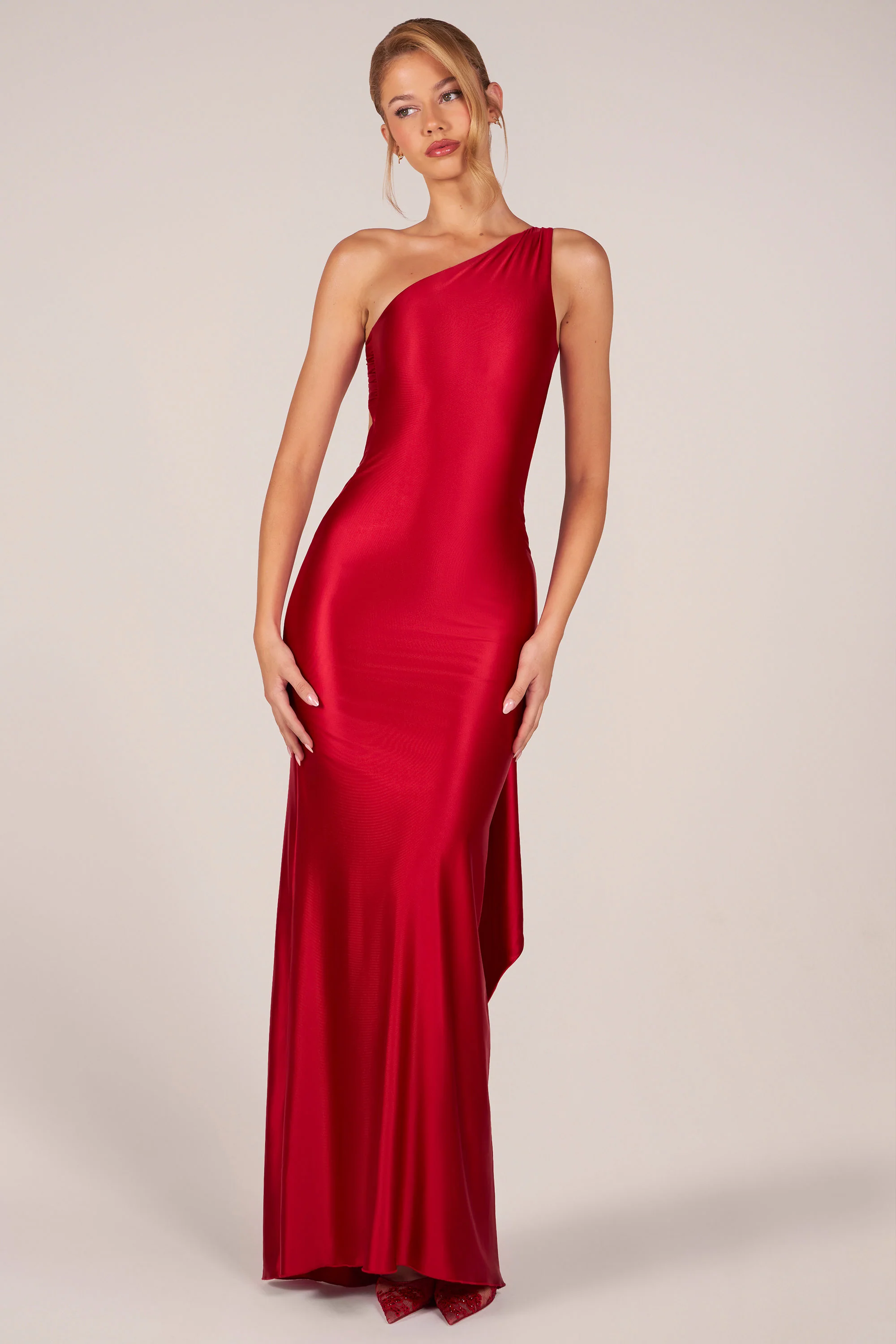 Asymmetric Tie-Back Gown in Cherry