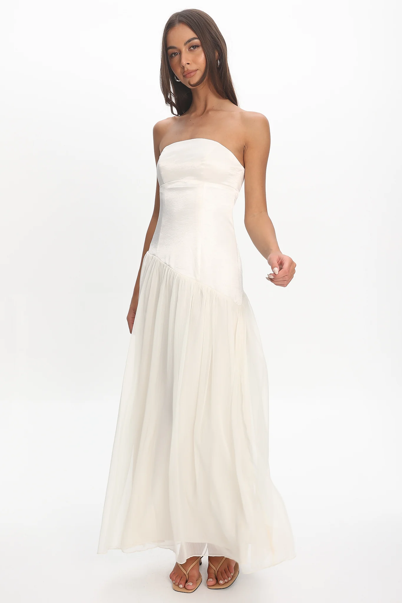 Karielle Asymmetric Drop Waist Maxi Dress Ivory