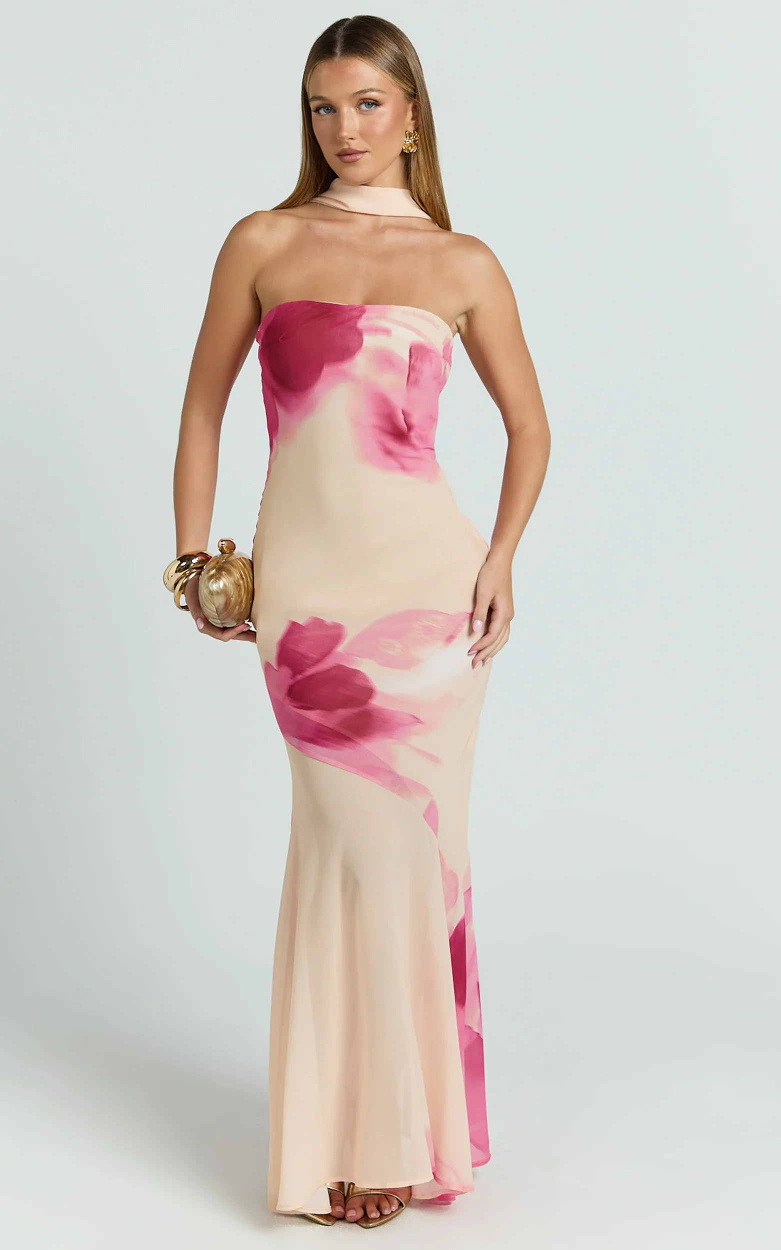 Angie Maxi Dress - Strapless Bias Column Dress with Scarf in Electric Bloom Lemon