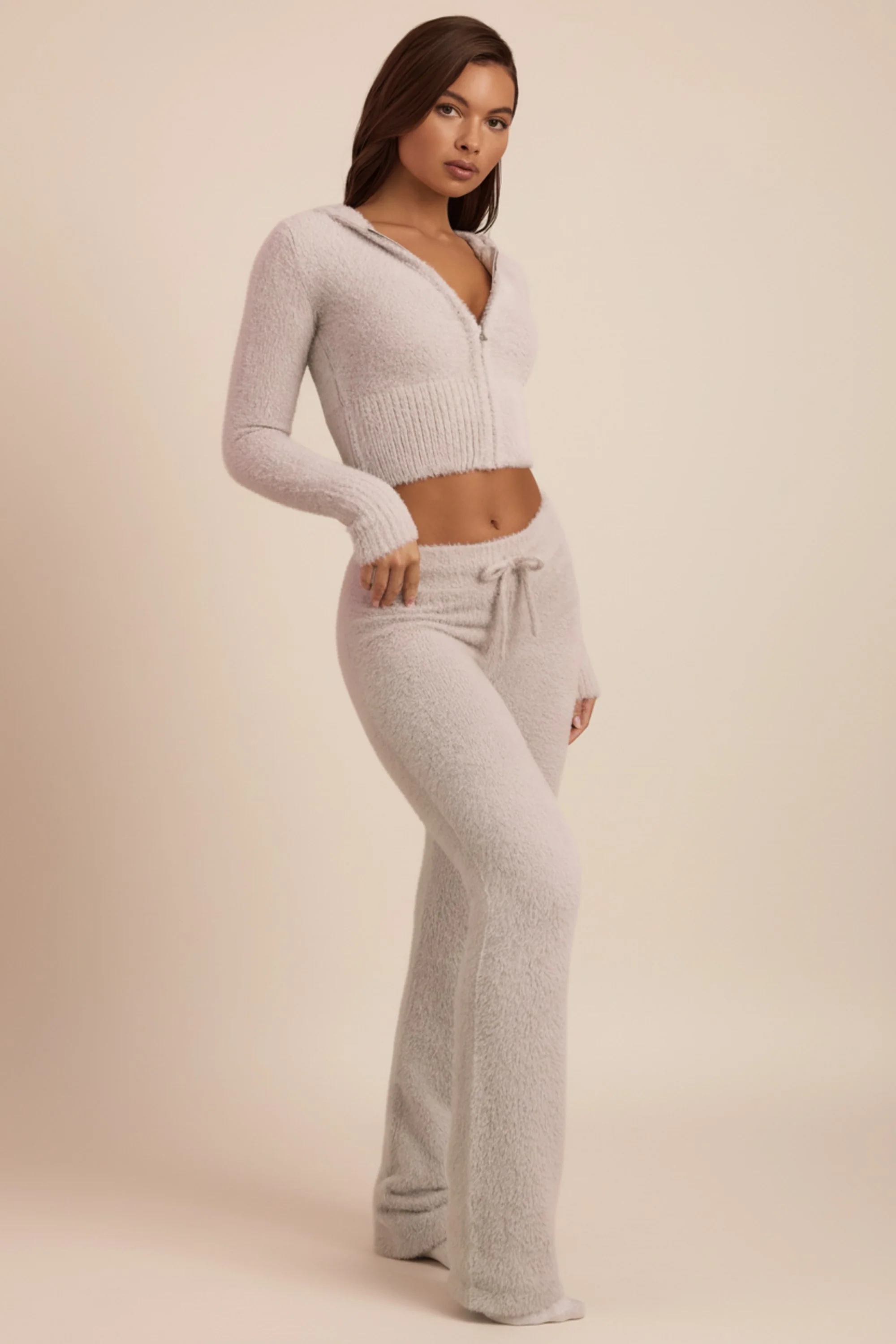 Fluffy Knit Wide-Leg Trousers in Cloud Grey