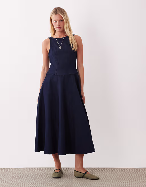 denim circle hem midi dress with cut out detail in rinse