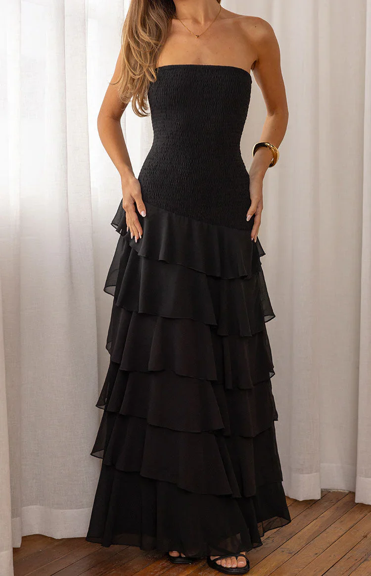 Riles Black Strapless Ruffle Maxi Dress