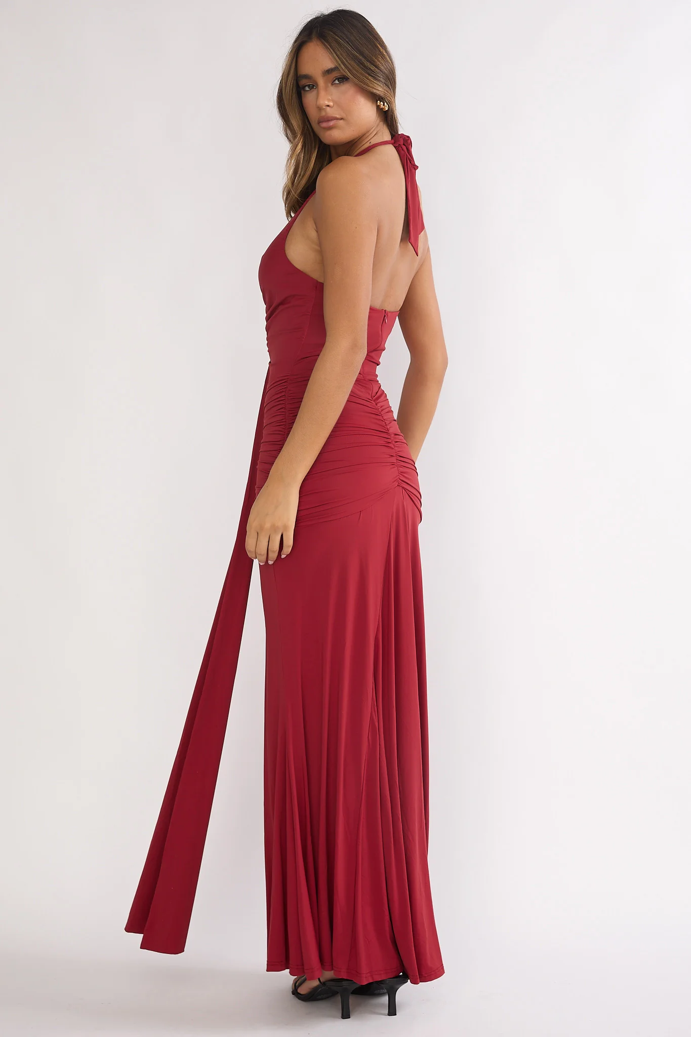 Brienna Halter Ruched Maxi Dress Wine