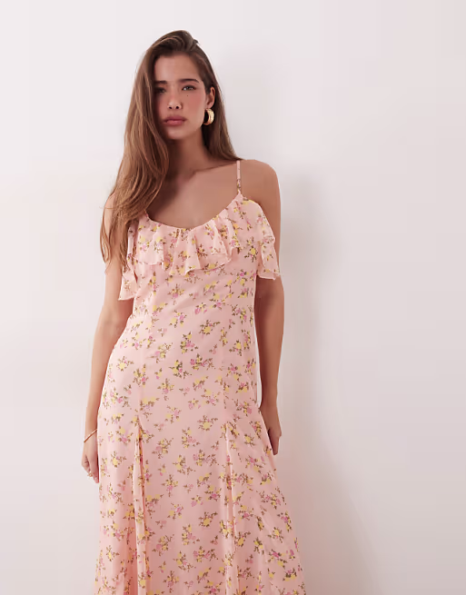 YAS frill trim cami maxi dress in pink floral print
