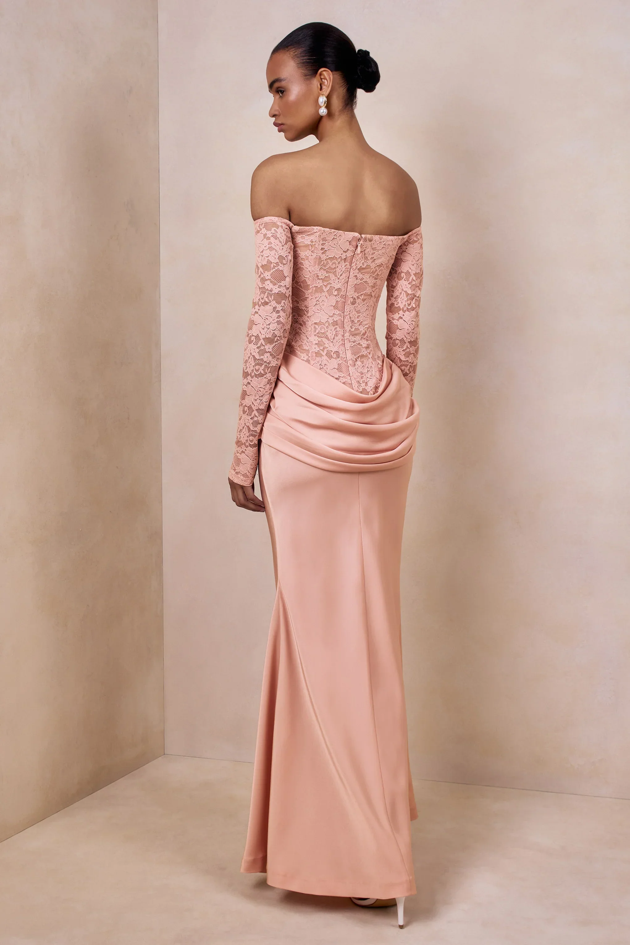 Rinna | Pink Lace And Satin Bardot-Neck Maxi Dress