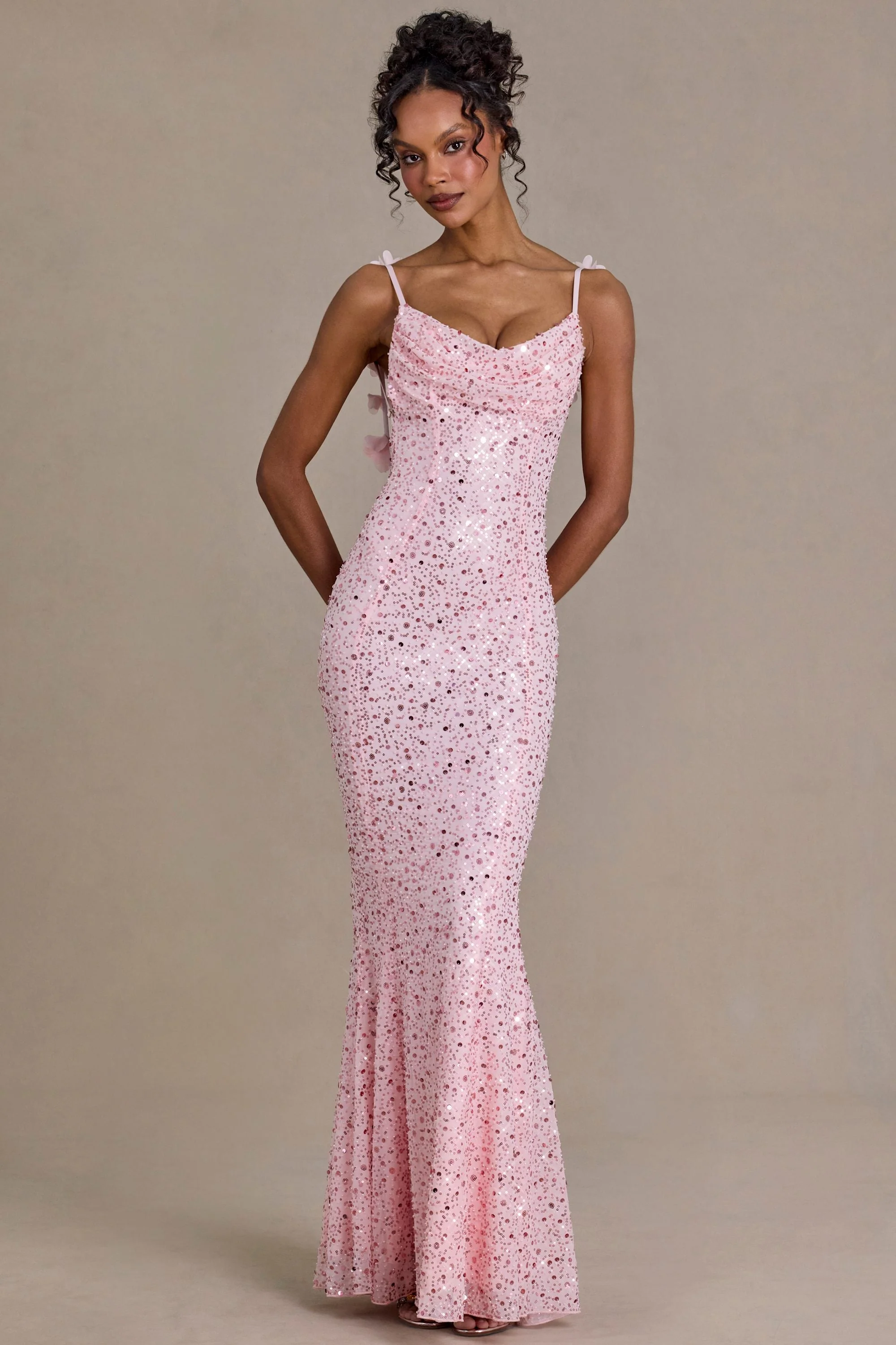 Embellished Open-Back Maxi Dress in Baby Pink