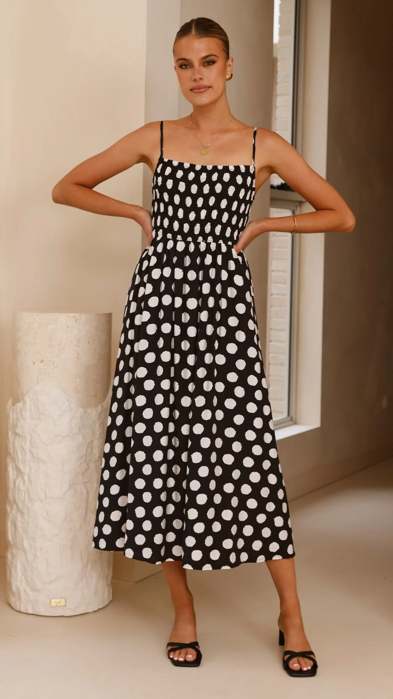 Roma Midi Dress - Black/ White Polka Dot