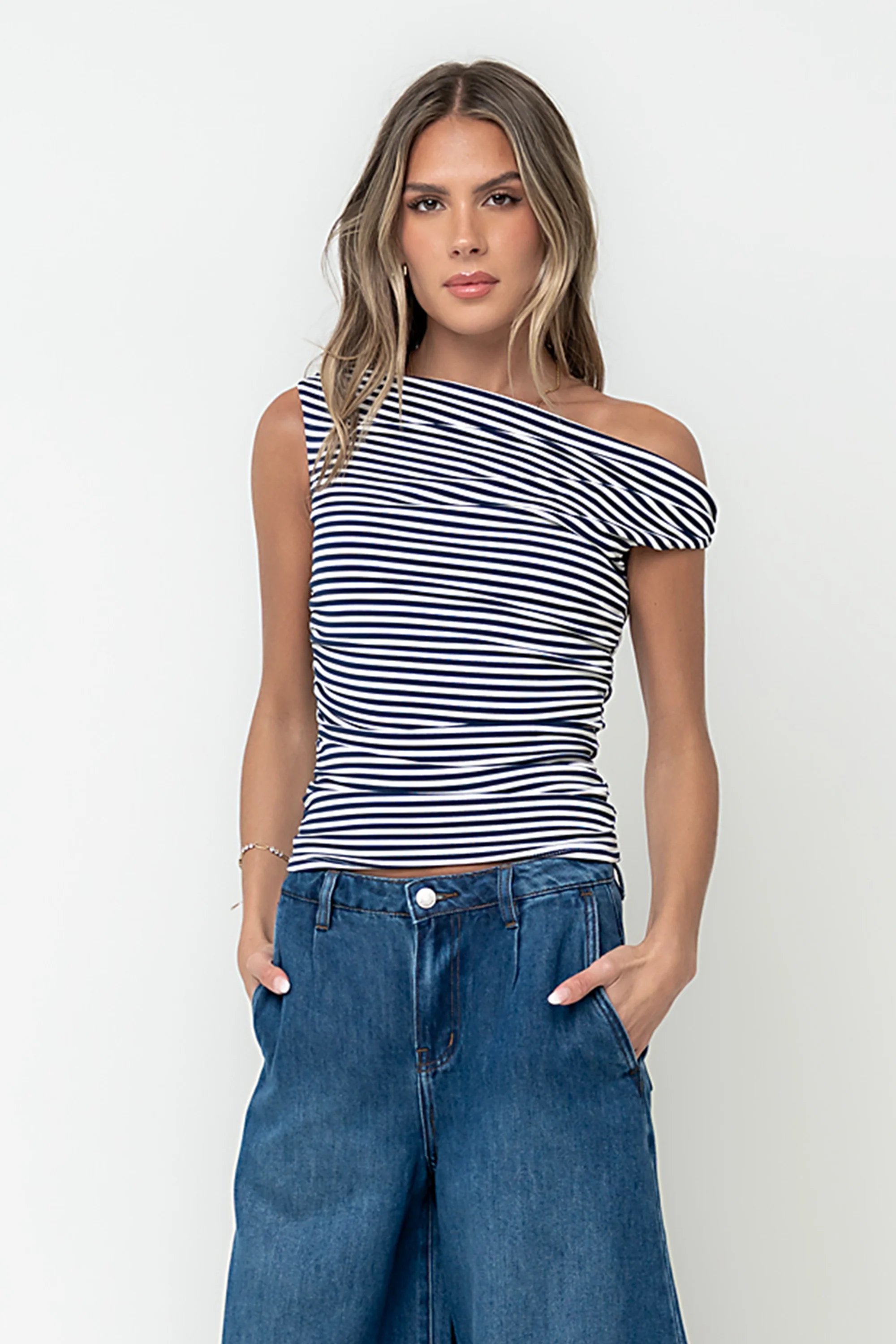 Michelle Boatneck Striped Top in Navy - FINAL SALE