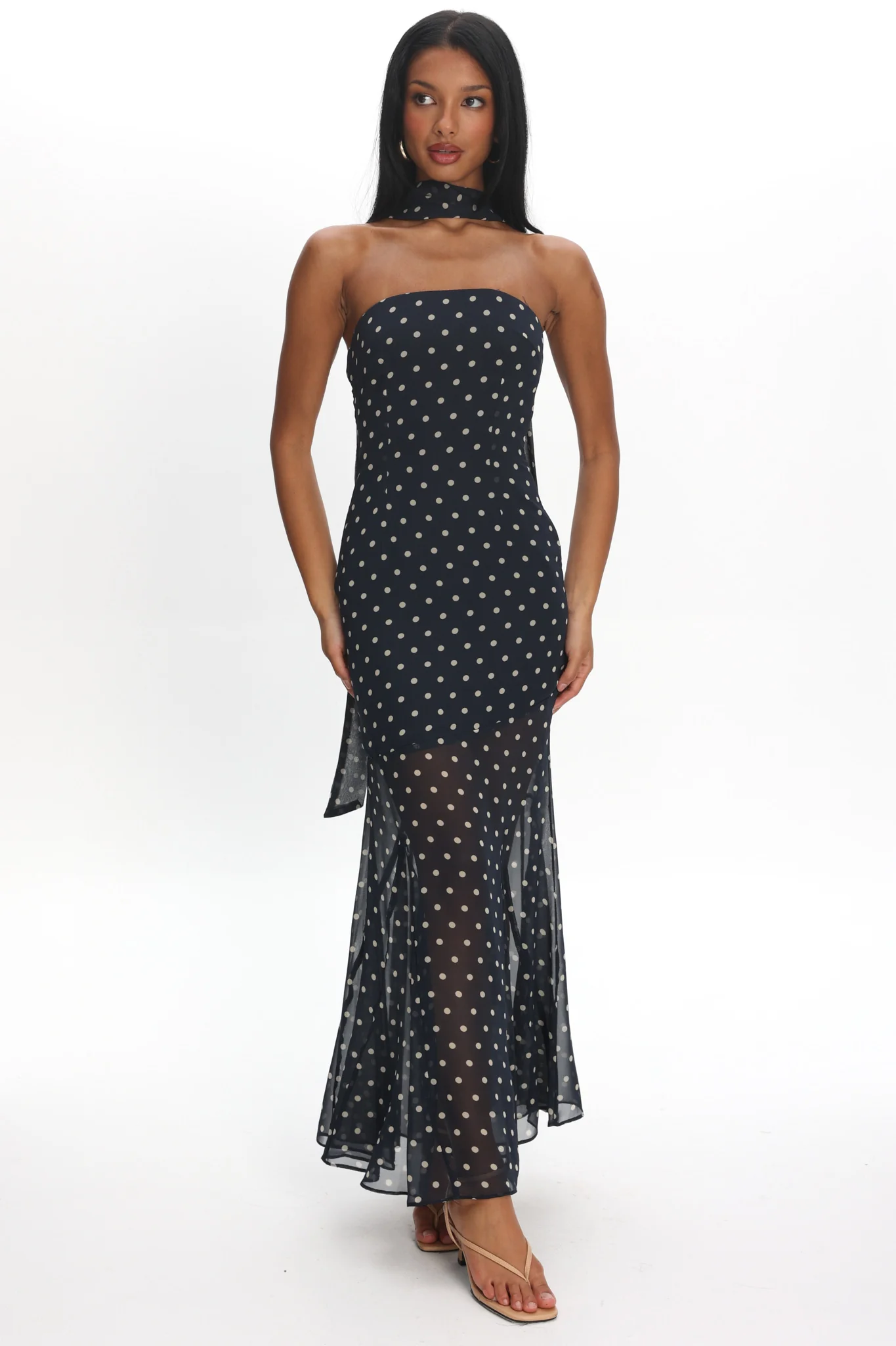 Calluna Strapless Sheer Godet Hem Maxi Dress Print Navy