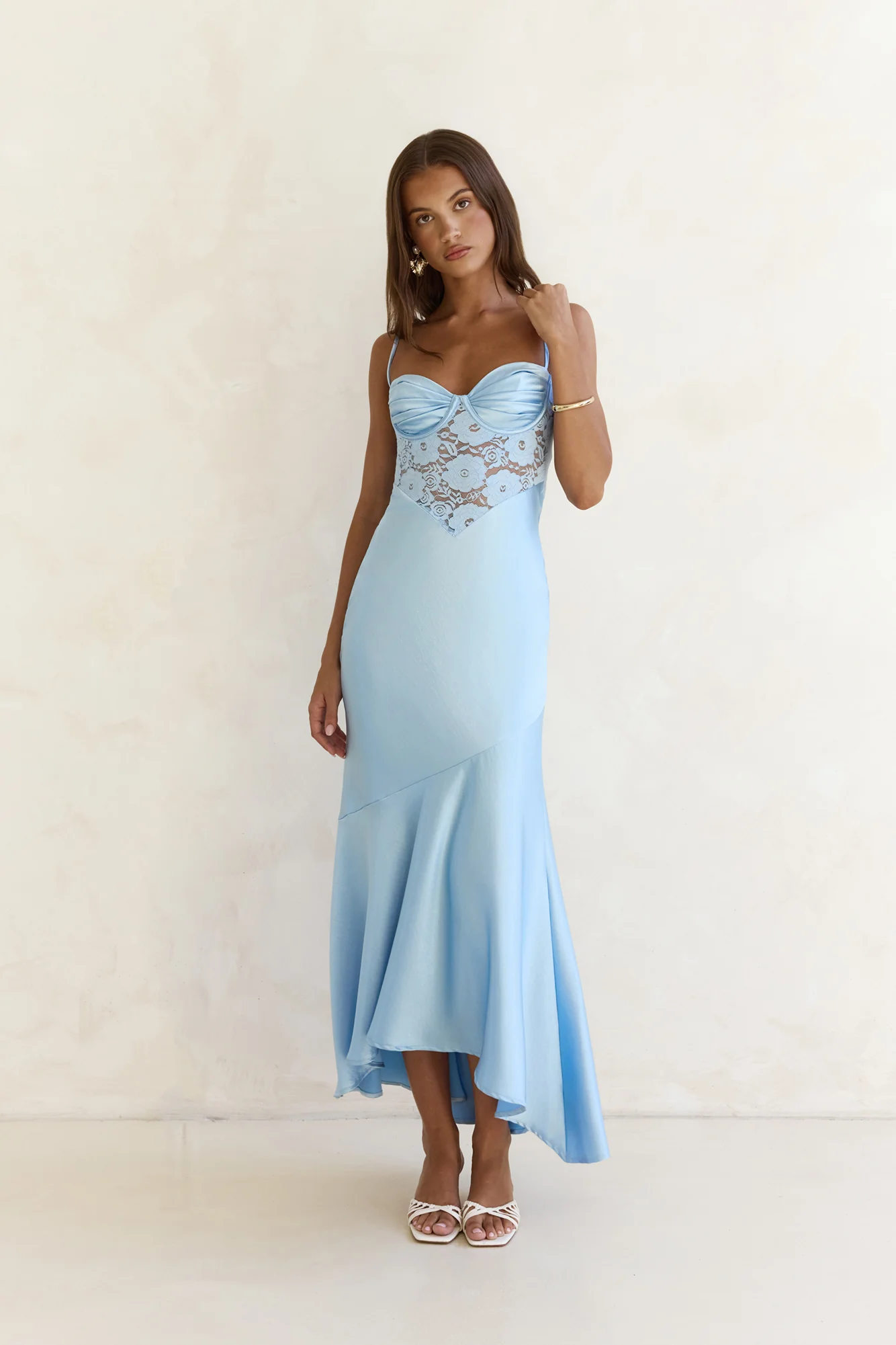 Sky Of Stars Lace Satin Maxi Dress Blue - luluinthesky