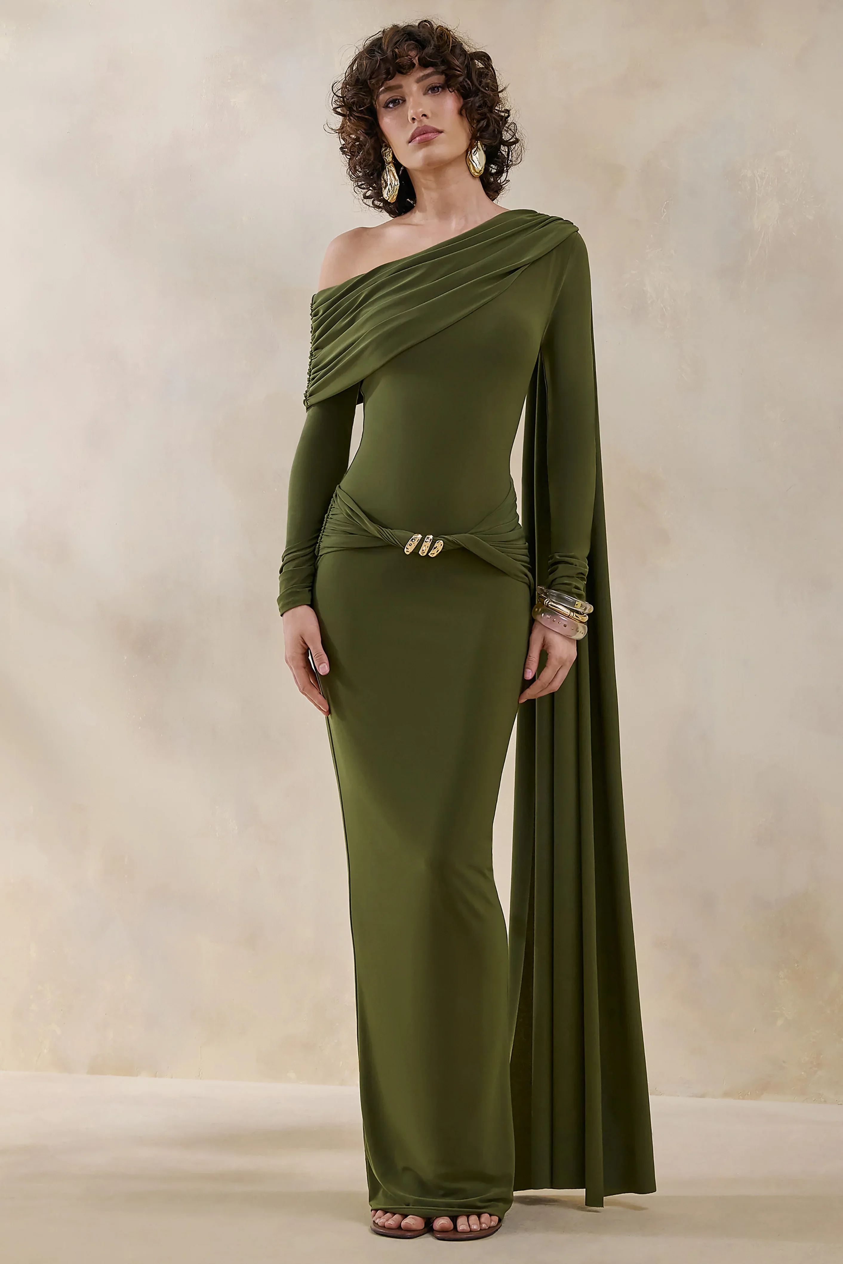Bessy | Green Asymmetric-Neck Maxi Dress With Gathered-Detailing And Sash