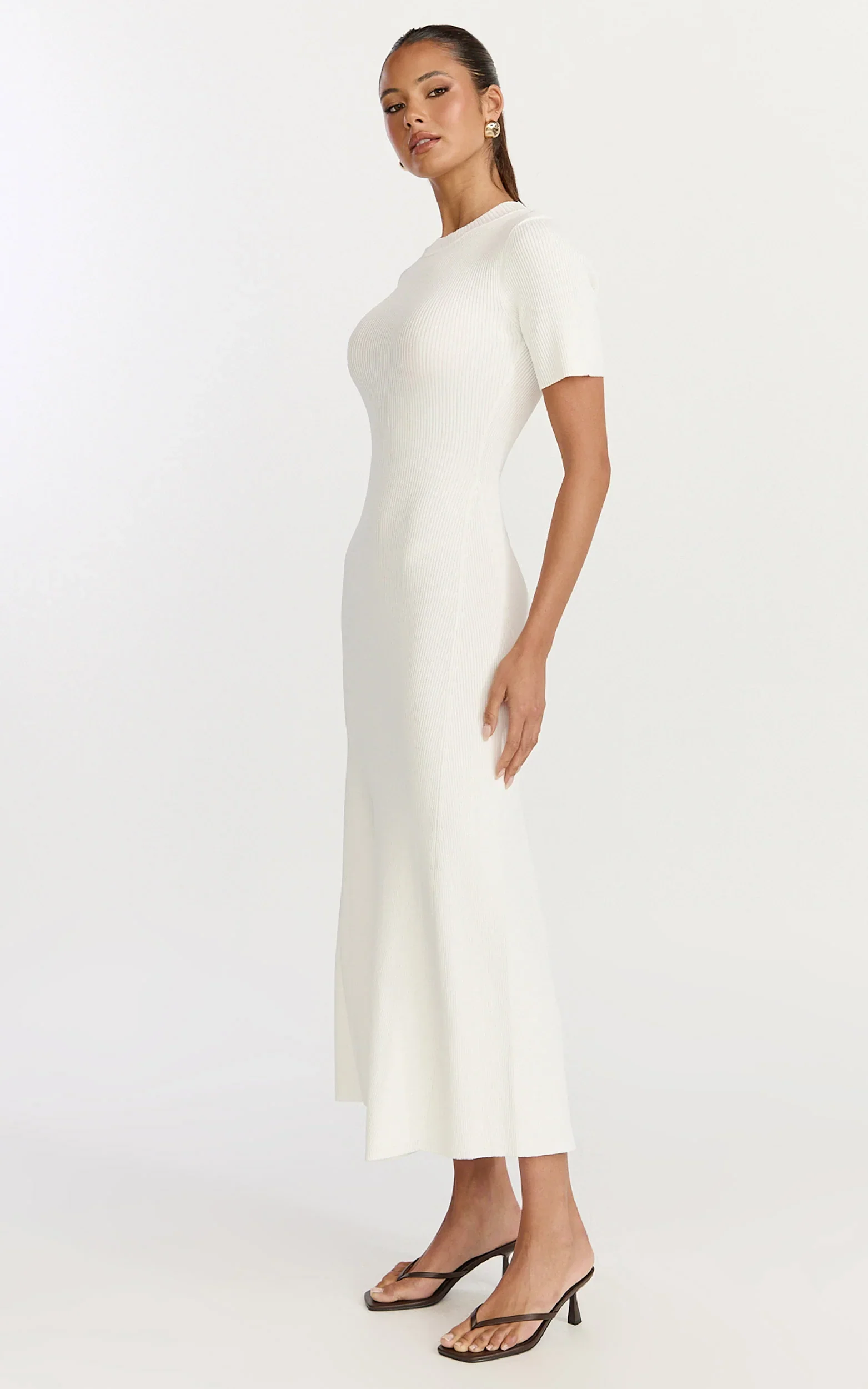 Lanie Midi Dress - Knitted Crew Neck Short Sleeve Dress in Cream