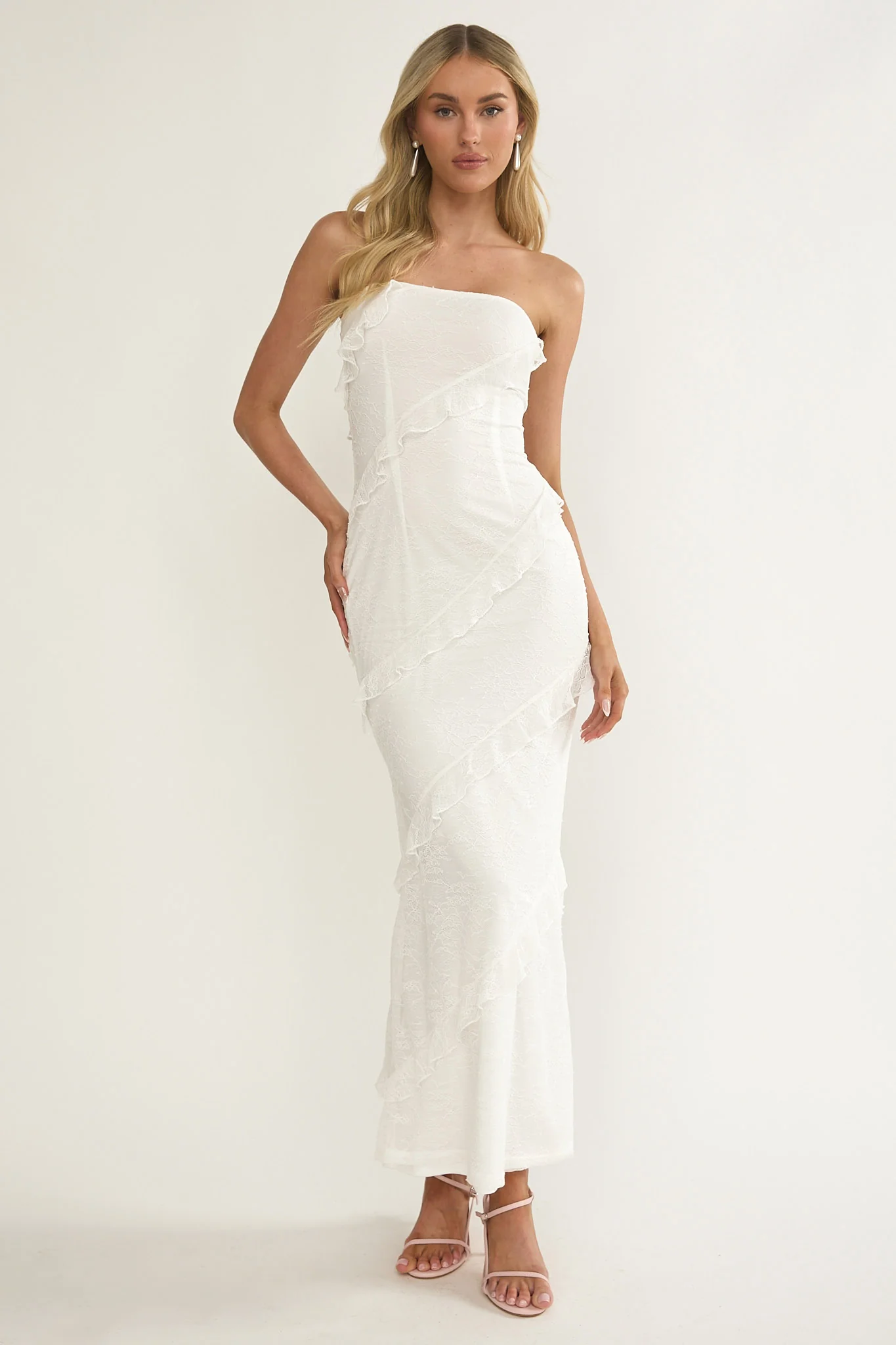 Metrics Strapless Frill Maxi Dress White - luluinthesky