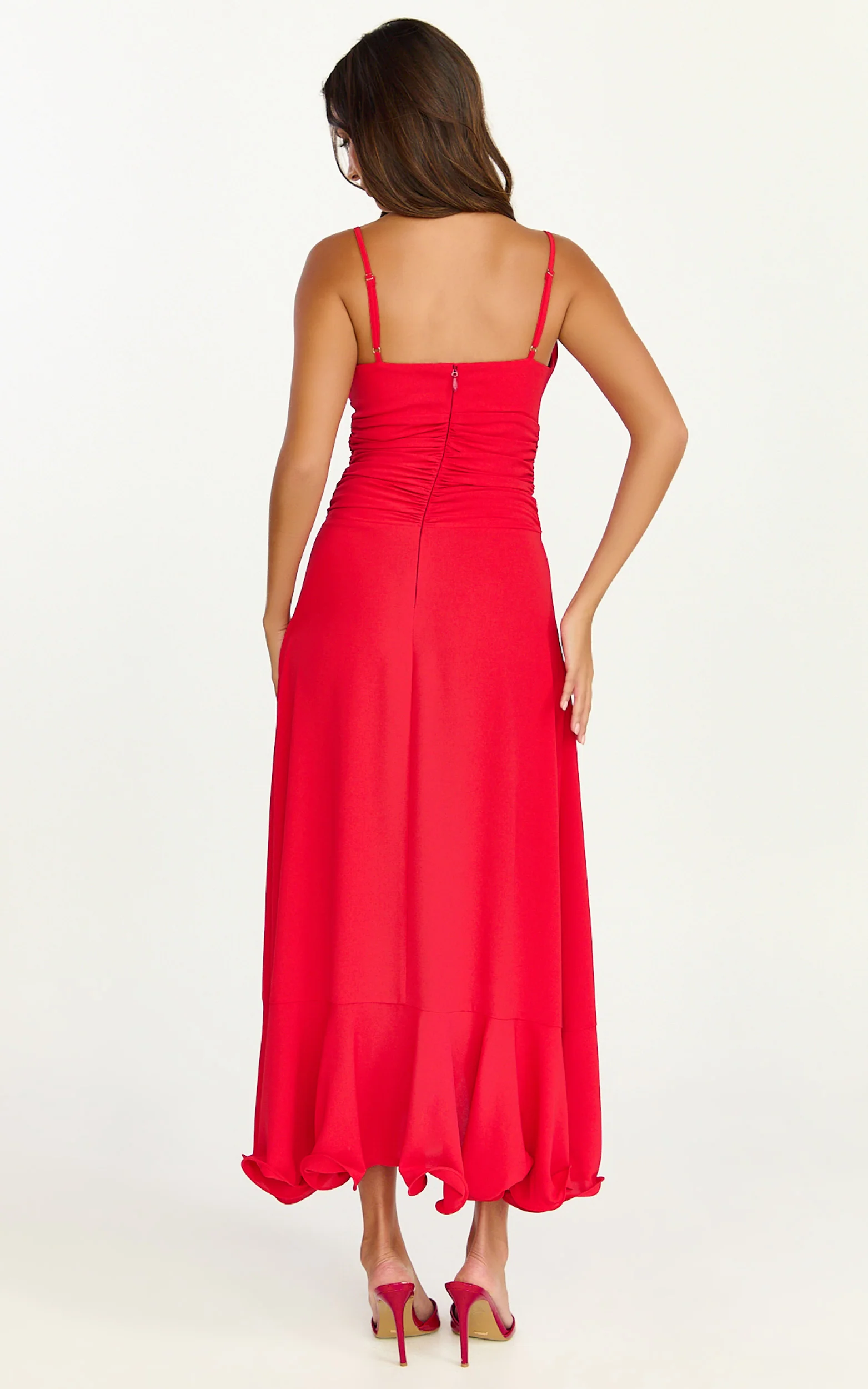 Vivienne Midi Dress - Rosette Neck Gathered Frill Split Leg Dress in Red