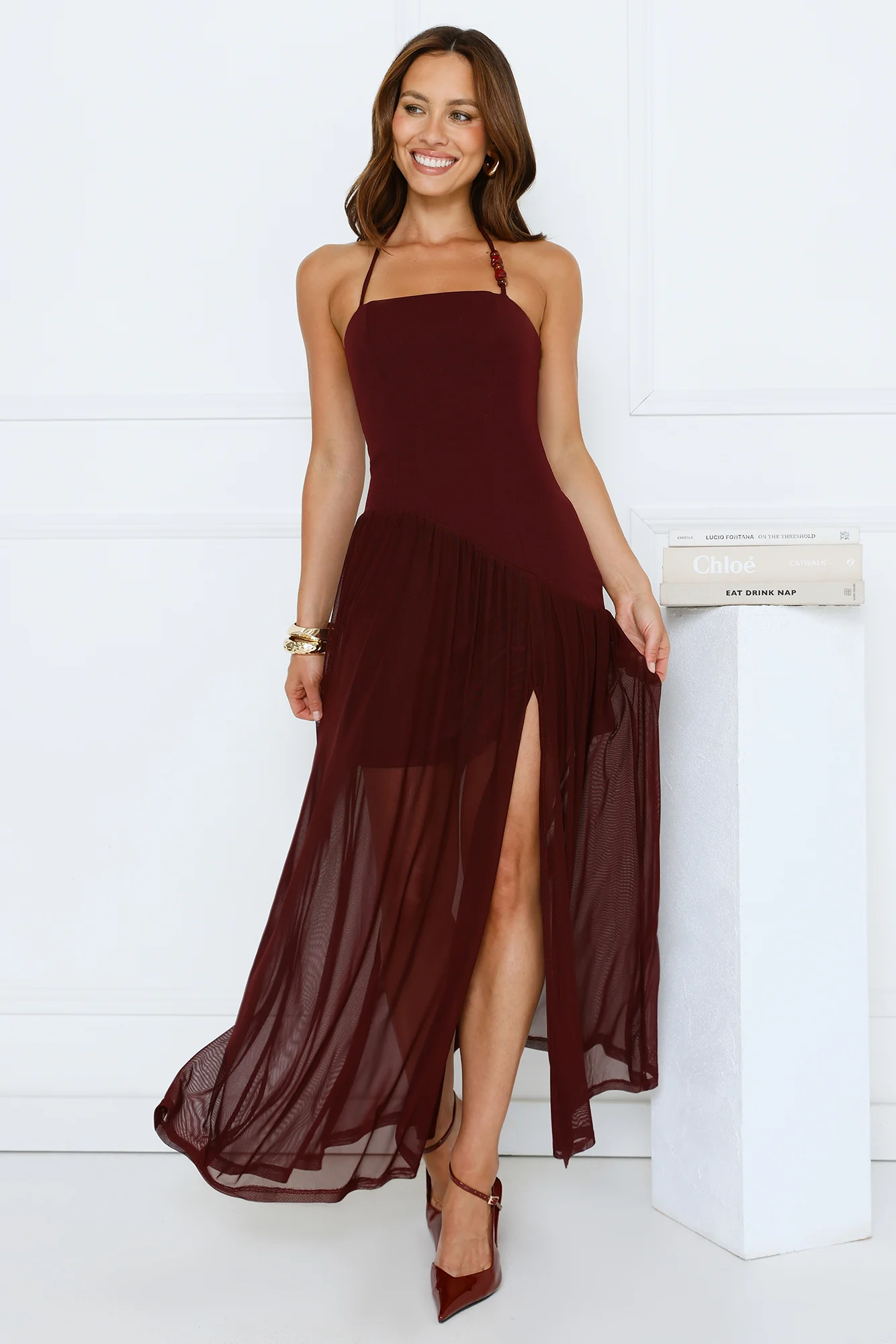 Champagne Evenings Halter Maxi Dress Burgundy